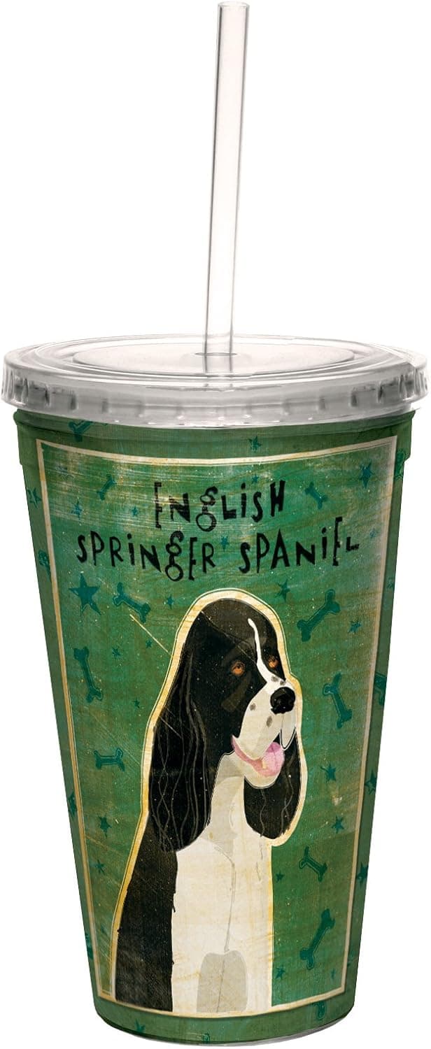 Tree-Free Greetings Black and White English Springer Spaniel by John W. Golden Double-Walled Cool Cup with Reusable Straw, 16-Ounce