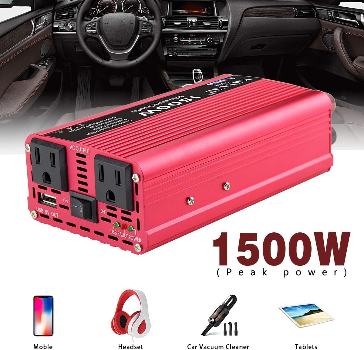 KKLUSB Solar Power Inverter Peak Power 1500W DC 12V to AC 110V Converter Car Charge Controller with Smart High Speed 2.1A USB and Dual AC Outlets Red