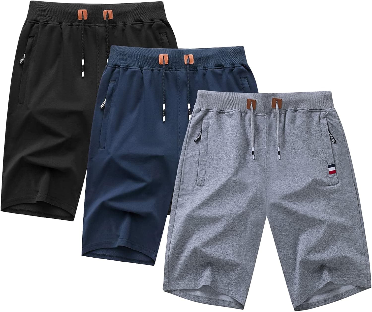 GEEK LIGHTING 3 Pack Mens Shorts Casual Comfy Gym Shorts Drawstring Zipper Pockets Elastic Waist Black+Blue+Grey XL