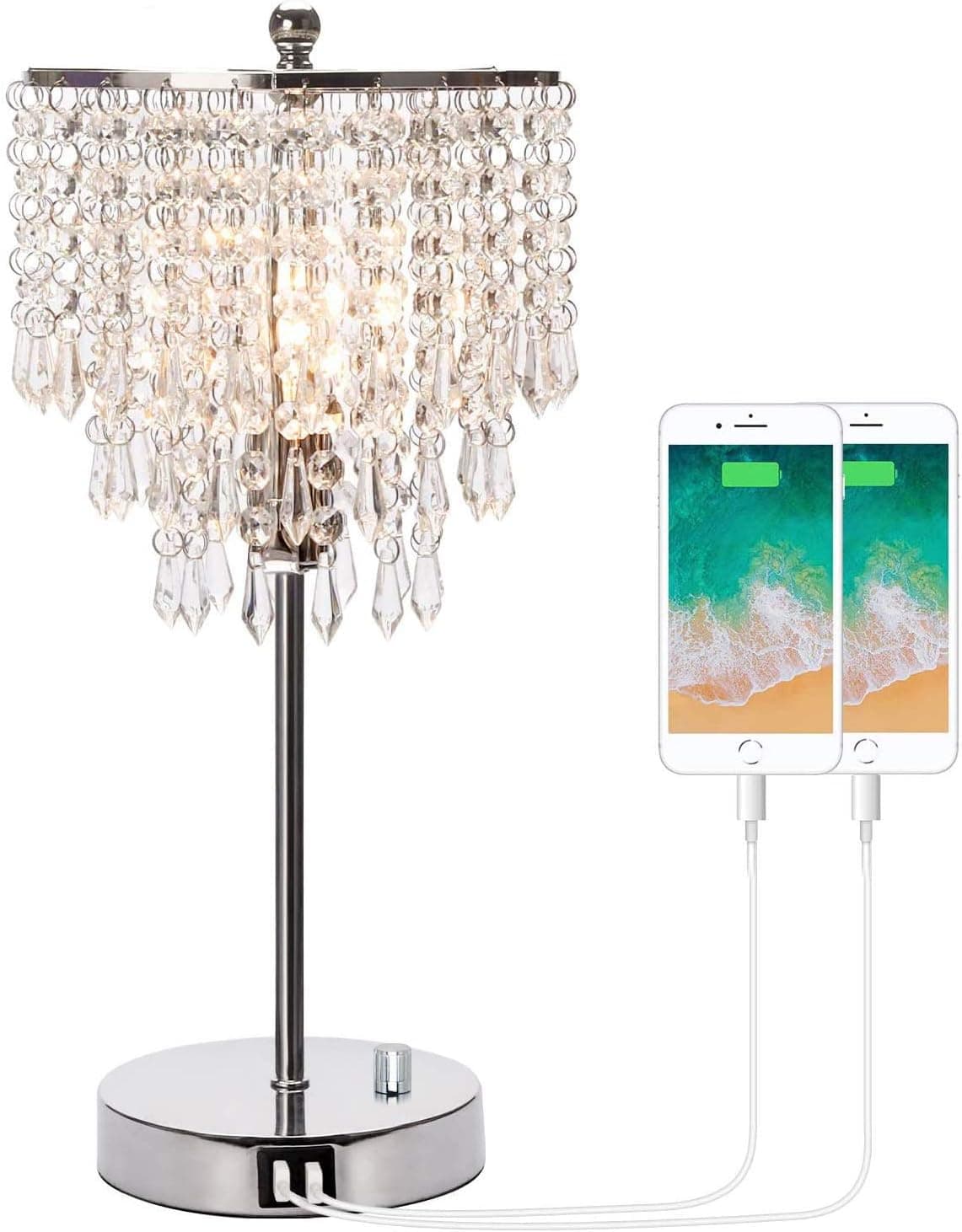 Zermurd Crystal Table Lamp, Stepless Dimmable Crystal Bedside Lamp with Dual USB Ports Decorative Elegant Lamp Beautiful Nightstand Lamp for Living Room Bedroom Dressing Room, B11 6W LED Bulb Included