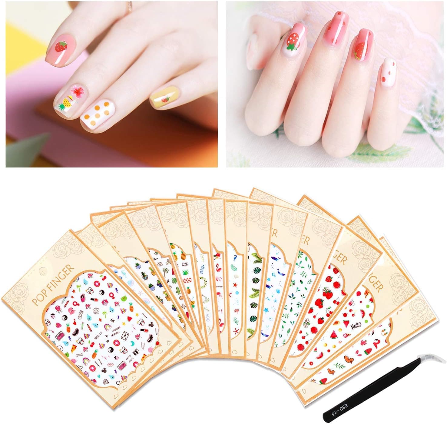 Mixed Nail Art Stickers 3D Self-Adhesive Leaves Stickers Flamingo Cactus Fruits Ocean Leaves Decals for Women Girls Kids Manicure DIY or Nail Salon