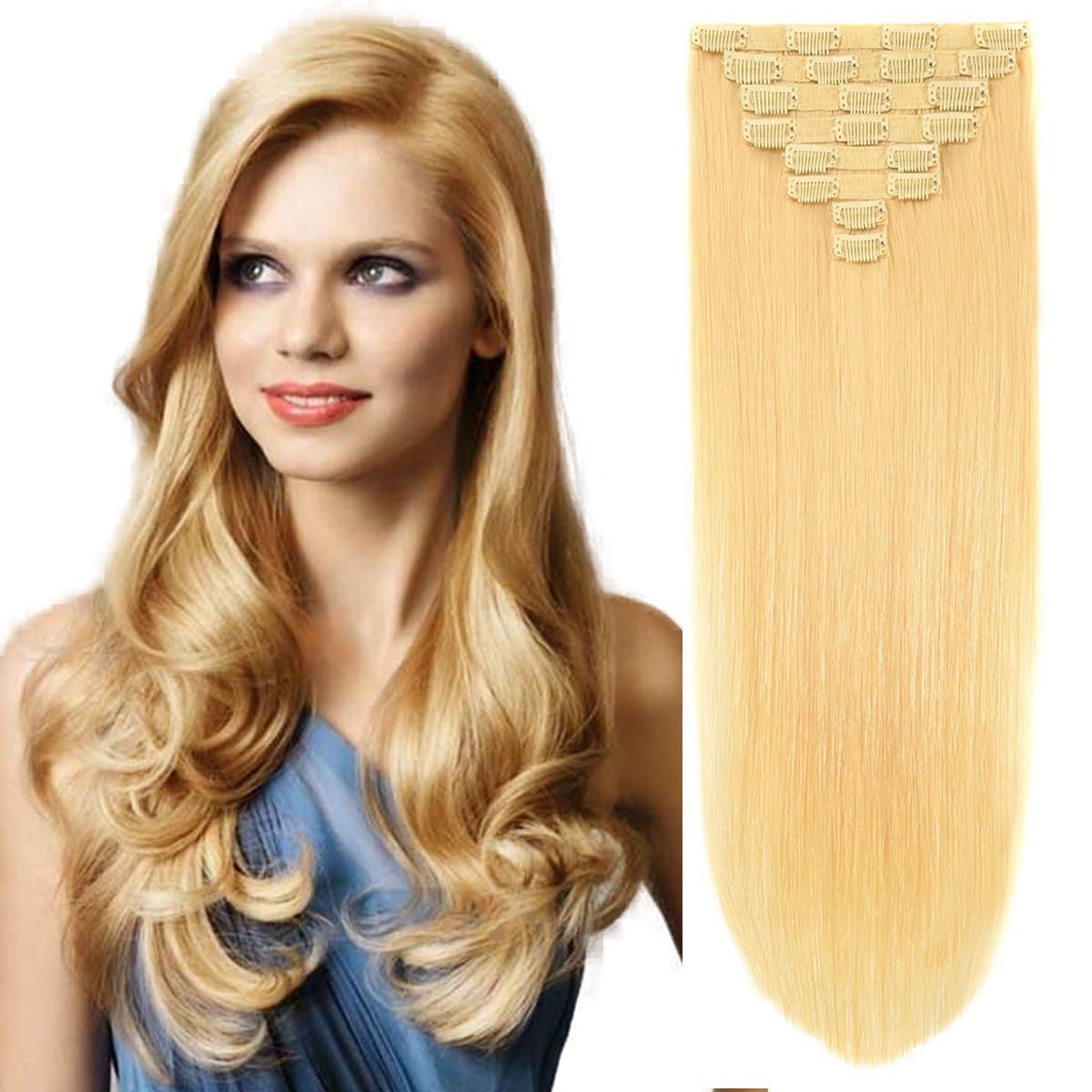 20" Clip on Extensions Human Hair Clip ins Real Hair Extensions Bleach Blonde #613 8pieces 120grams/4.2oz