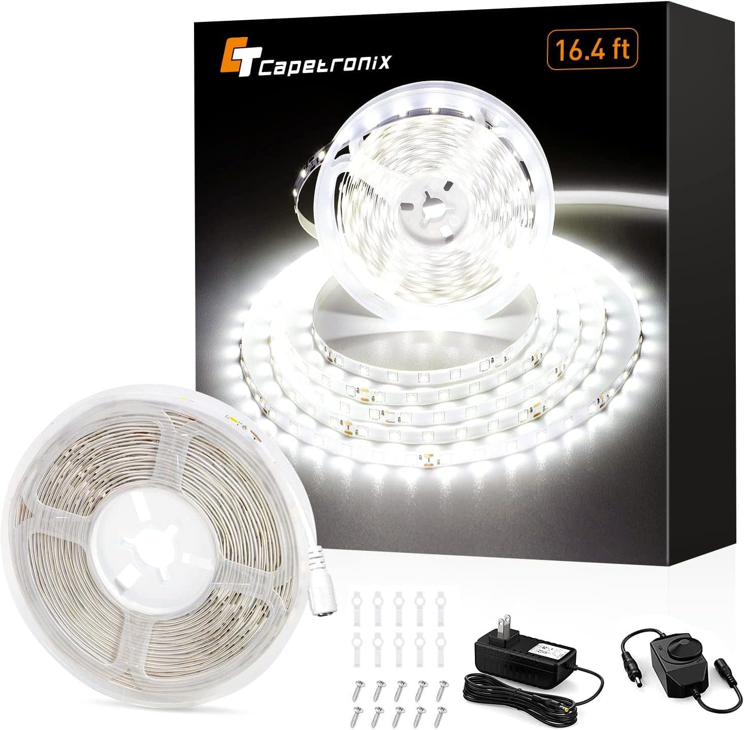 CT CAPETRONIX White LED Strip Light, LED Light Strip White, Daylight Bright LED Tape Light, for Bedroom, Kitchen, Closet, Under Cabinet, Vanity Mirror, Indoor Only (Dimmer Included)