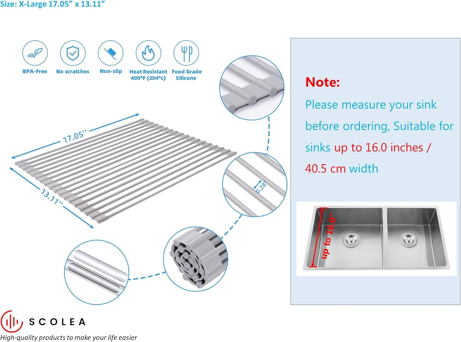 SCOLEA Roll Up Dish Drying Rack Over The Sink, Medium 17.1”x13.1” Heavy Duty, Multipurpose Roll-Up Foldable Silicone Coated Collapsible Drainer for Kitchen Sink (Warm Gray, Medium 17.1”x13.1”)