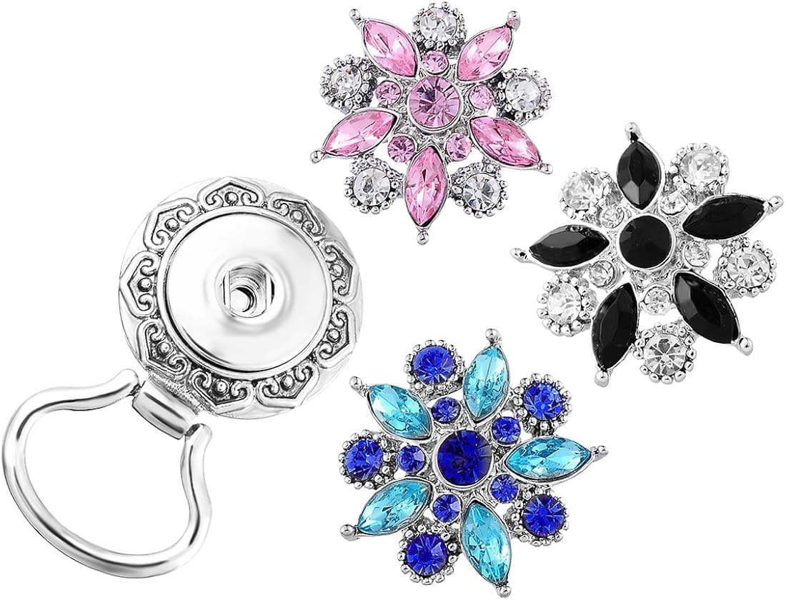 Souarts Interchangeable Eyeglass Holding Snaps Brooch with 3 Colorful Flowers Sanp Charm Buttons