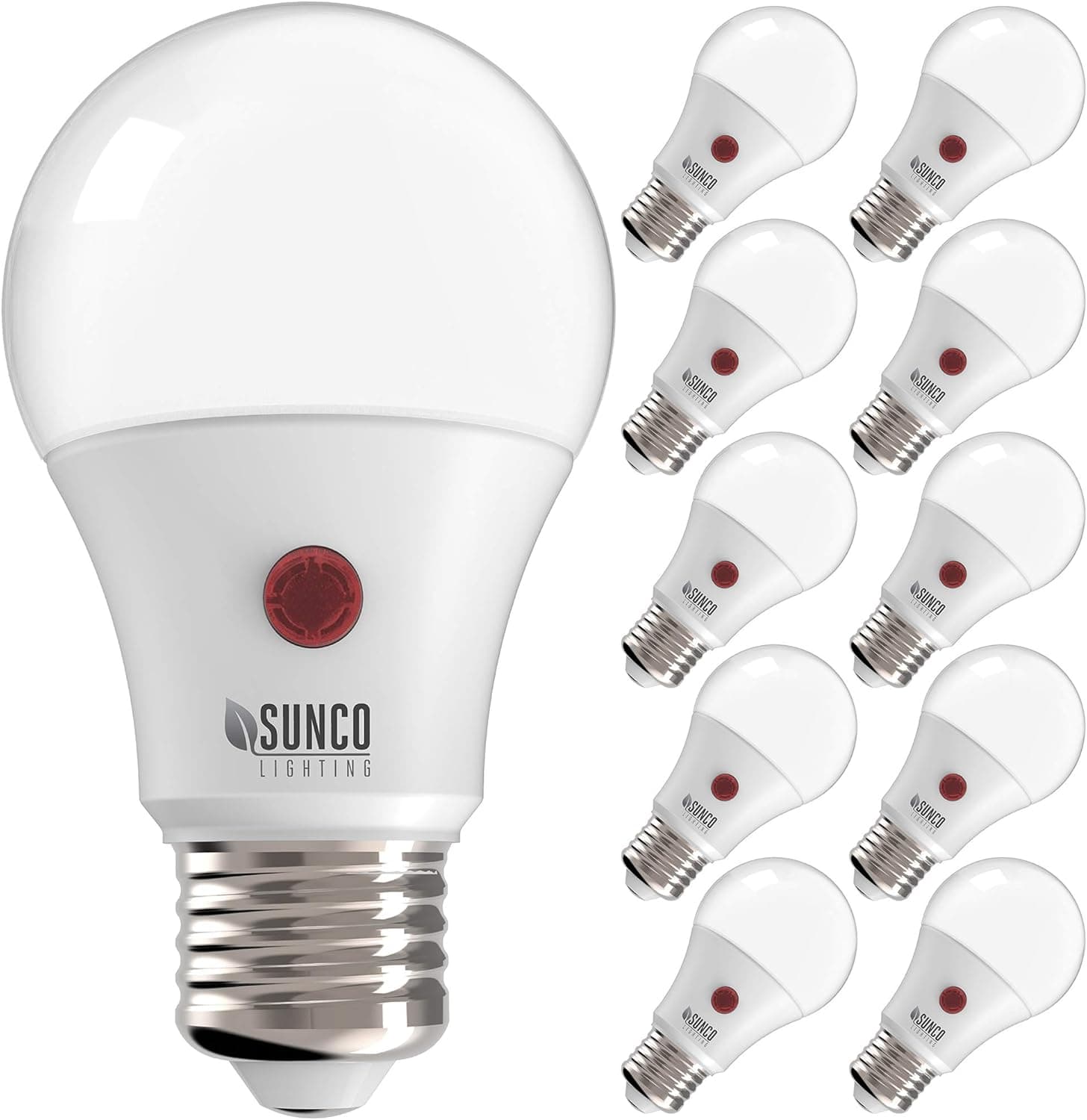 Sunco Lighting 10 Pack A19 LED Bulb with Dusk-to-Dawn, 9W=60W, 800 LM, 7000K Ultra White, Auto On/Off Photocell Sensor - UL