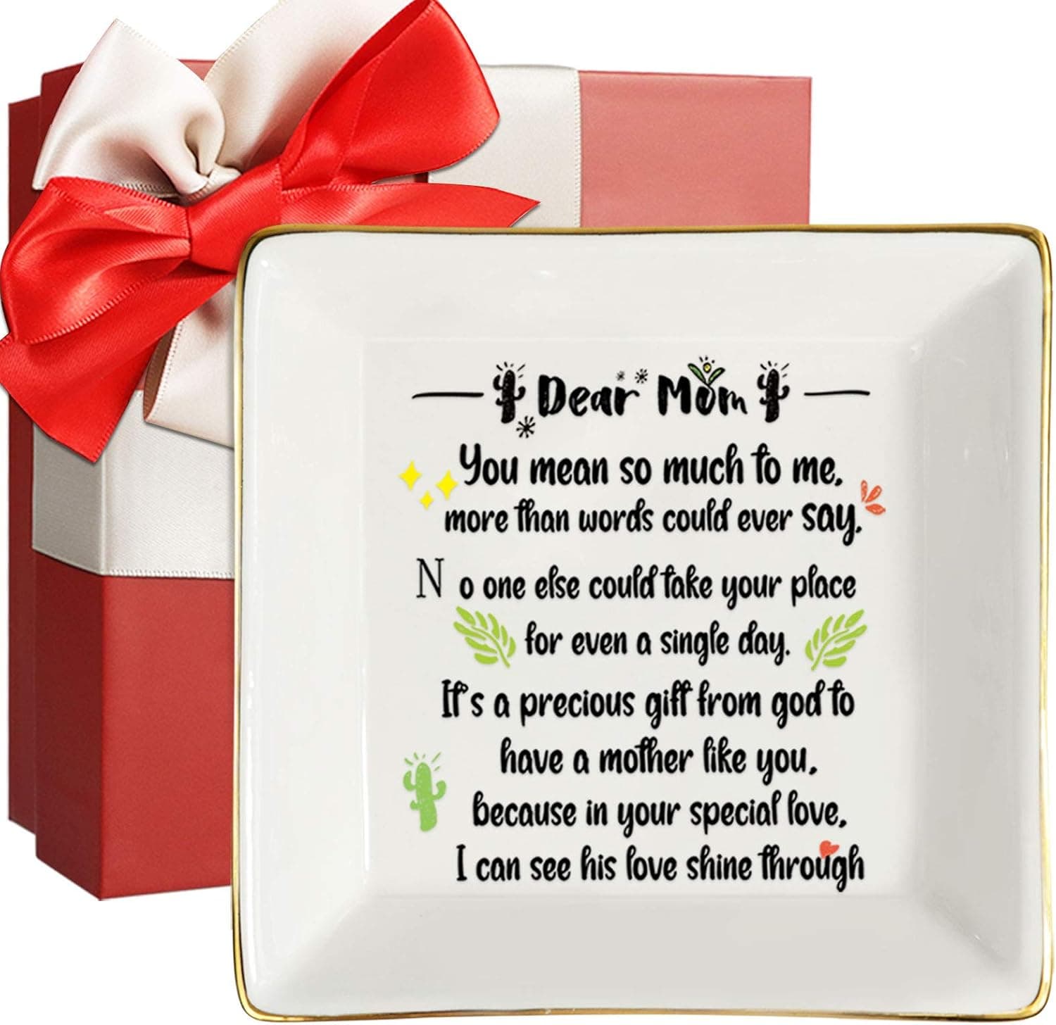 Gifts for Mom Jewelry Dish Ring Dish for Mom Mother's Day Gift Mom Ceramic Decorative Trinket Plate Elegent Ring Holder Birthday Gift for Her Home Decor
