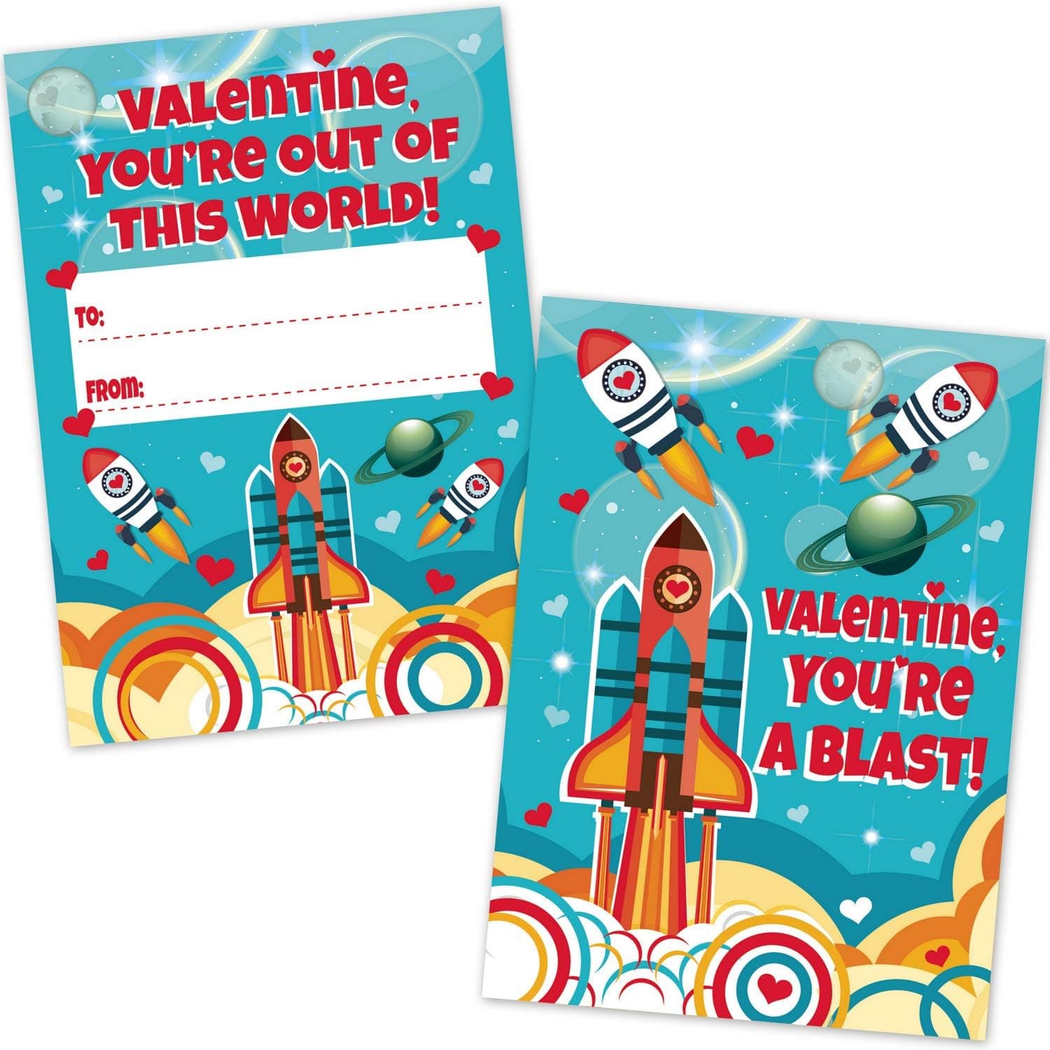 32 Valentine Classroom Party Exchange Cards (32 Count with Envelopes) - Outer Space Rocket Ship Design - Large Size - Heavy Weight CardStock - Kids Valentine's Day Party Supplies for Boys and Girls