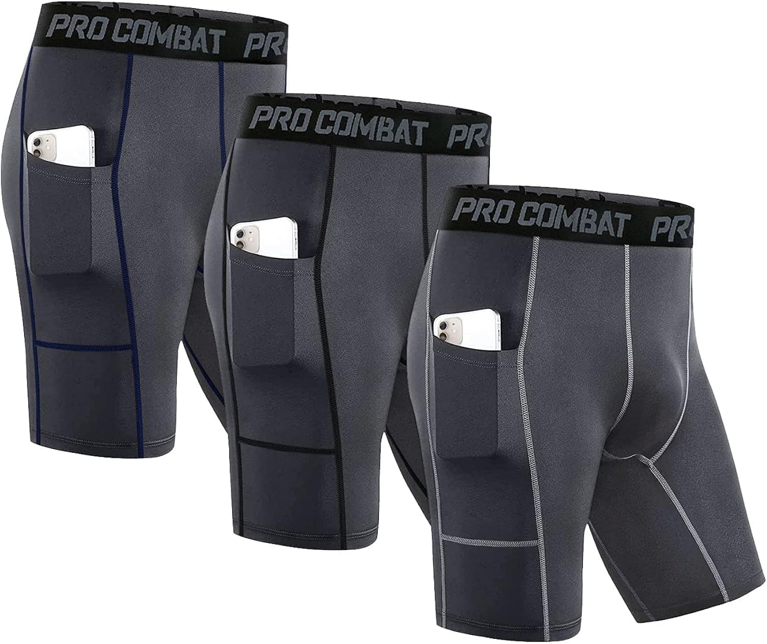 Pamyvia Men's 3 Pack Compression Shorts with Pockets Athletic Baselayer Underwear for Running,Workout,Training