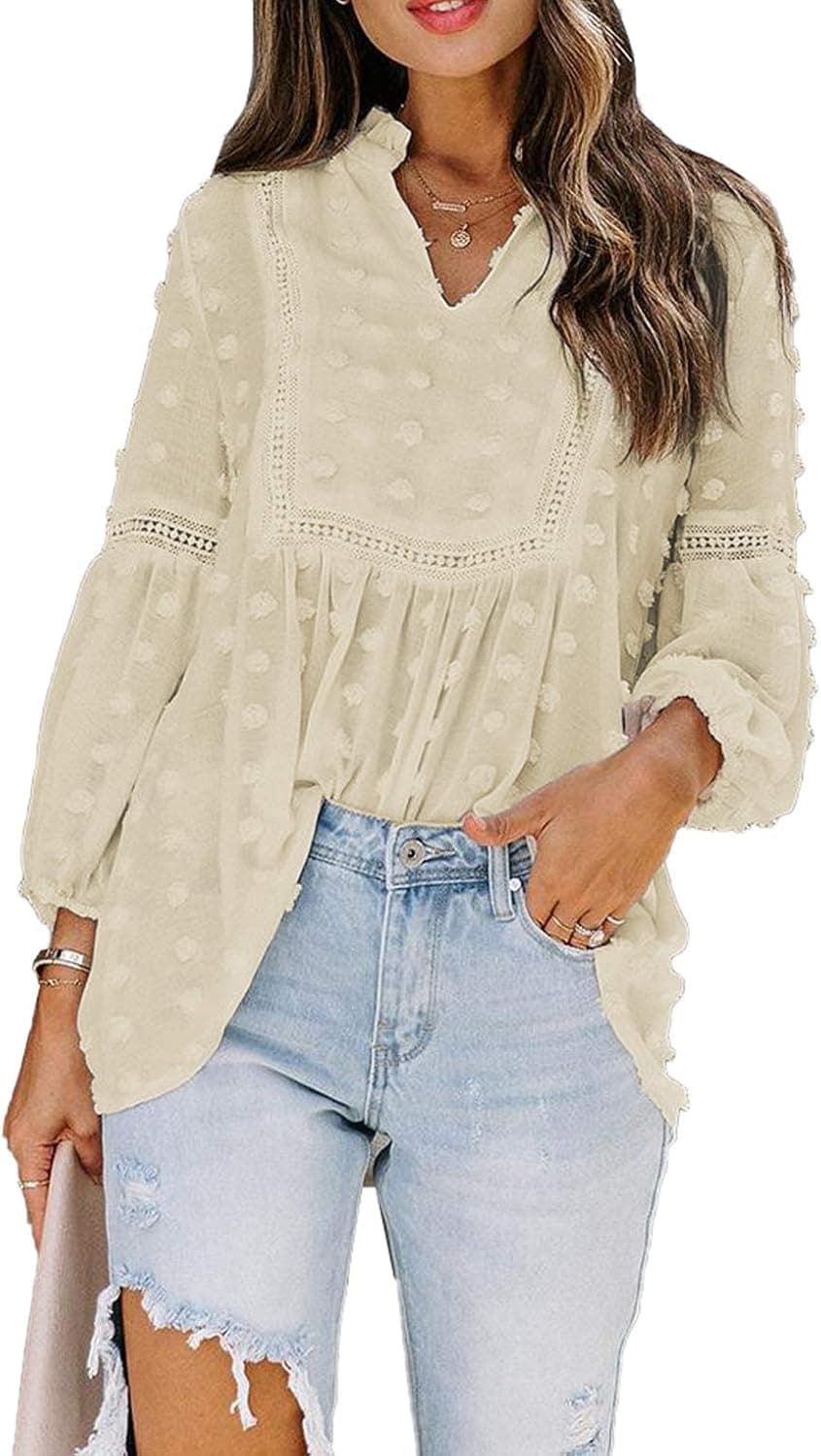 Sidefeel Womens Elegant V Neck Lace Crochet Swiss Dot Pom Pom Lantern Sleeve Boho Shirt Loose Solid Color Chiffon Blouse Tunic Tops Apricot Medium