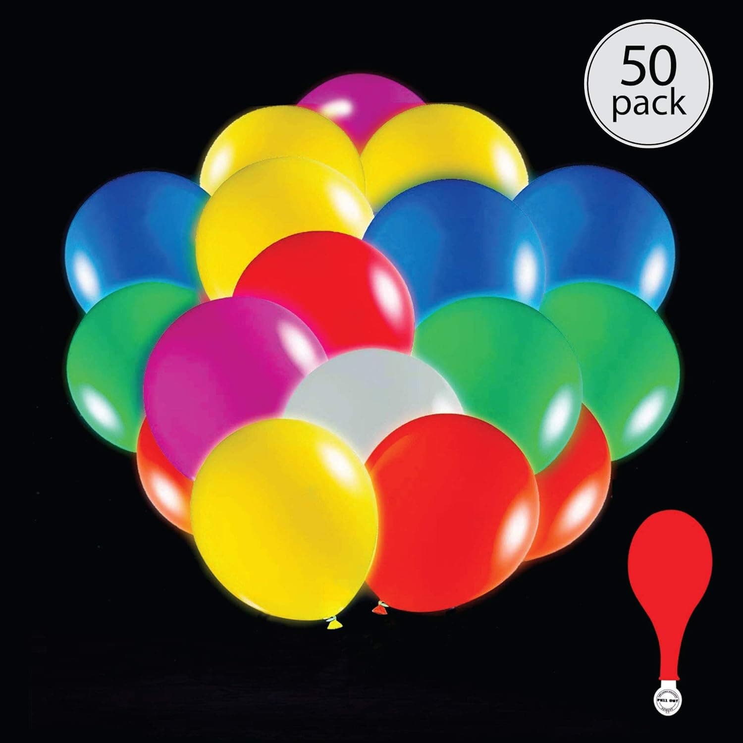 50 pack mix color LED light up 7 color flashing round balloons. Premium latex. Lights 12-24 hours. Glow in the dark. Great supplies decorations for wedding, birthday parties, dance party. Helium & Air. (Globos para fiestas)