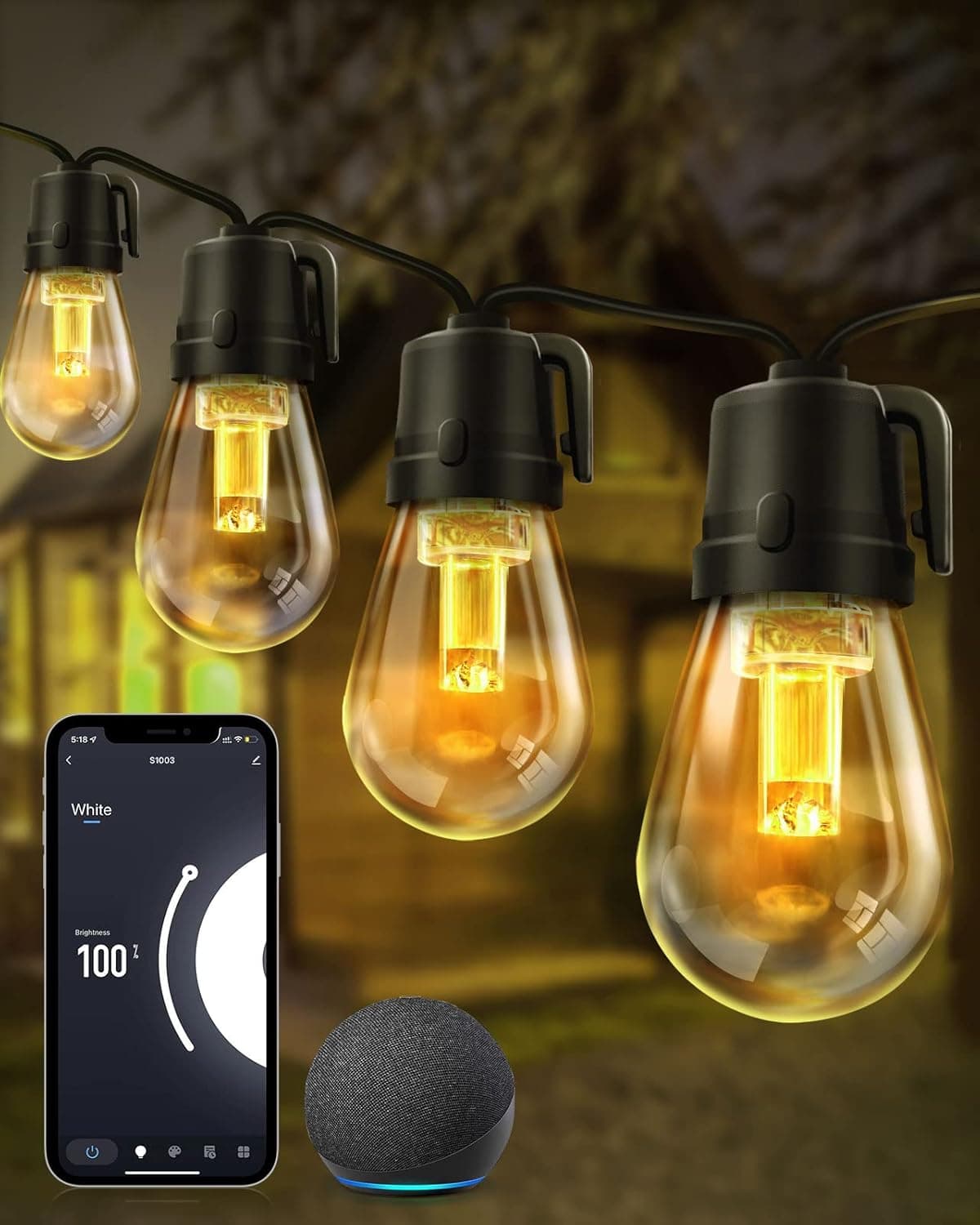 ASAHOM Smart LED Outdoor String Lights, 48FT Shatterproof Dimmable Patio String Lights 15 LED Bulbs WiFi APP & Voice Control, Waterproof Connectable Christmas String Lights for Outside Party Wedding