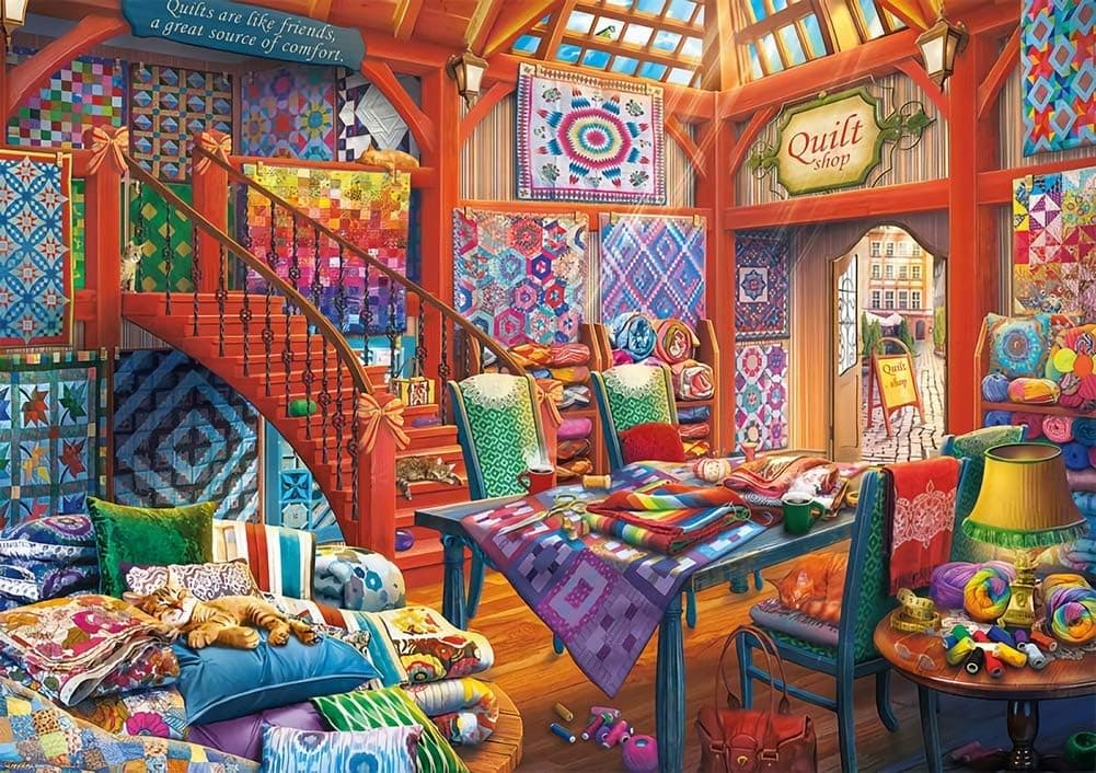 Quilt Shop Cats Jigsaw Puzzle 1000 Piece for Adults, Preschool Educational Intellectual Decompressing Fun Challenging Game Puzzles DIY Toys for Home Decor Promotes Hand-Eye Coordination