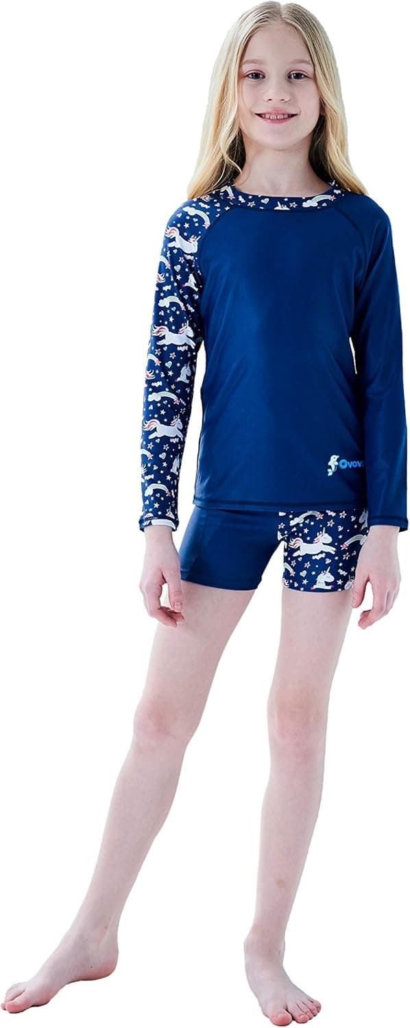 Ovovod Girls Swimsuit Two Piece Rash Guard Set for 4-14 Years UPF 50+ UV Protective Long Sleeve Swimwear