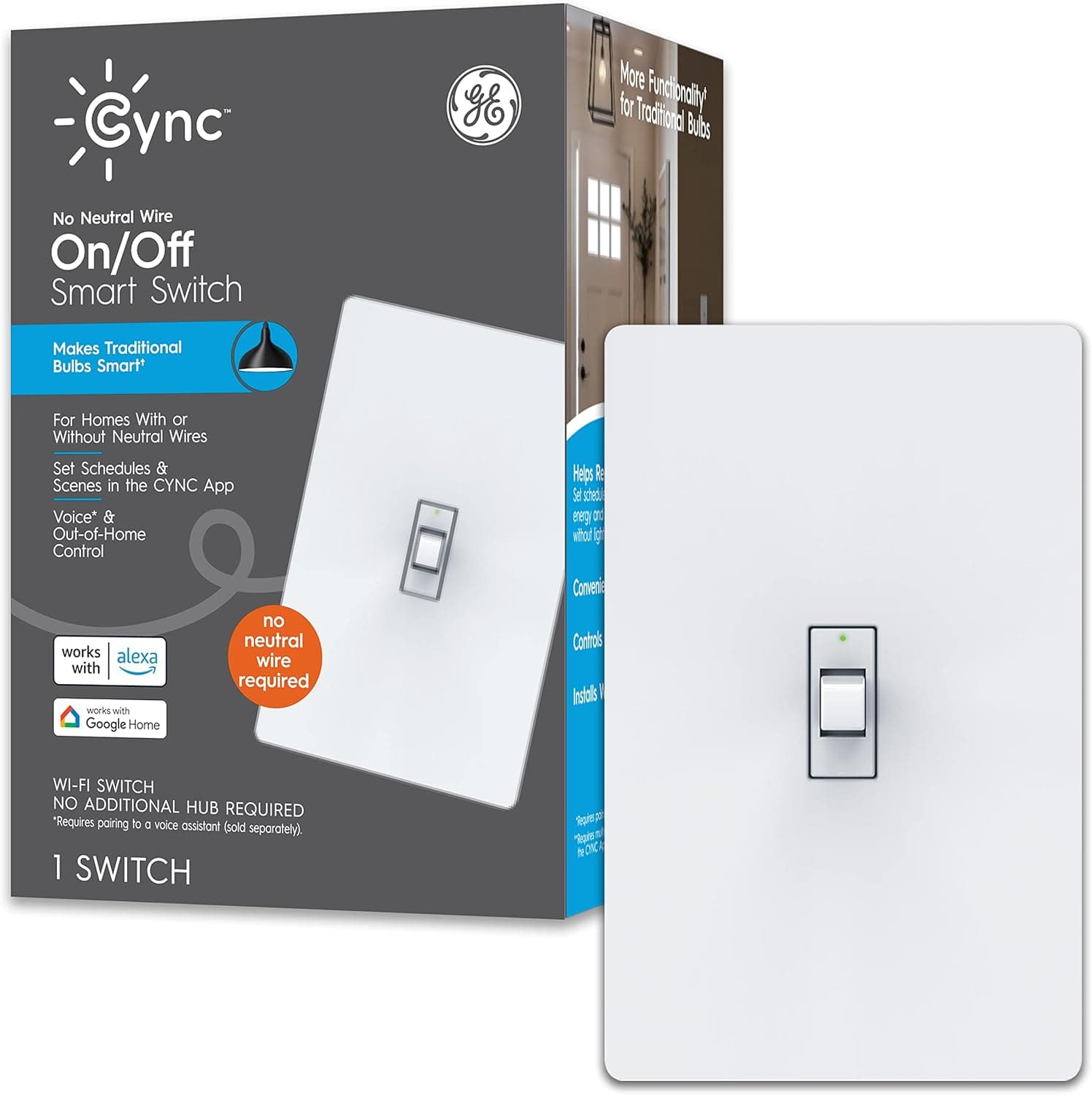 GE Lighting CYNC Smart Light Switch On/Off Toggle Style, No Neutral Wire Required, Bluetooth and 2.4 GHz Wi-Fi 3-Wire Switch, Works with Alexa and Google Home