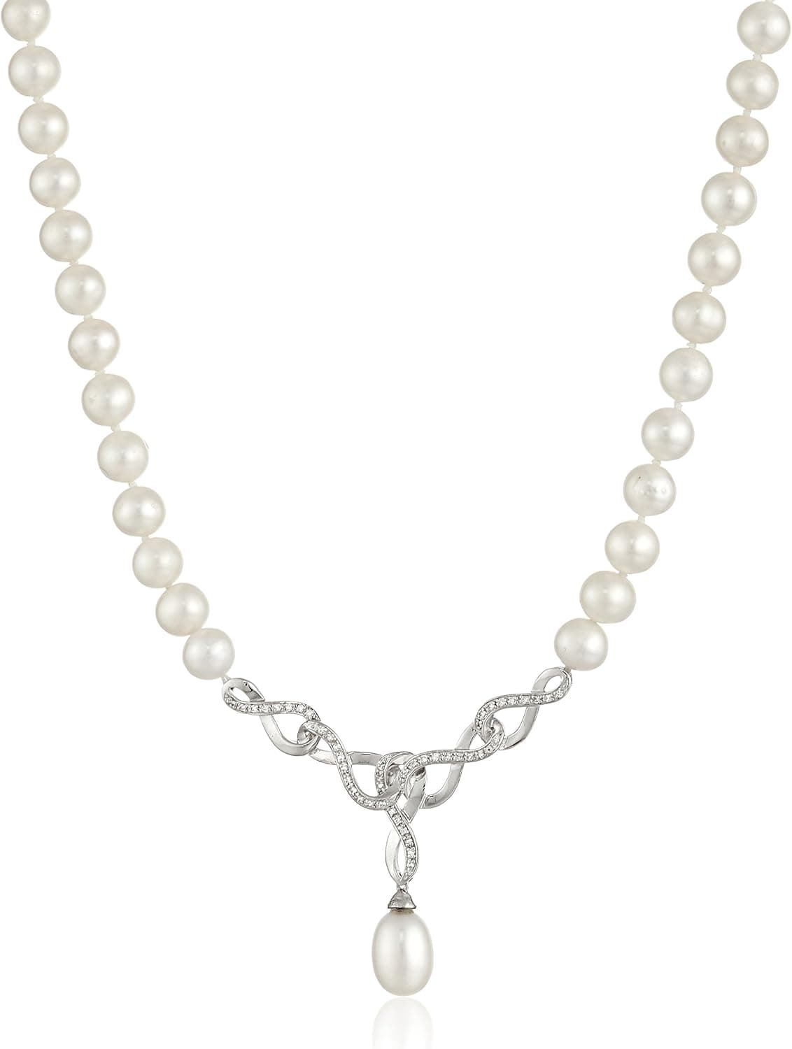 Freshwater Cultured Pearl and White Topaz Interlocking Pearl Strand Necklace With Pendant, 18"