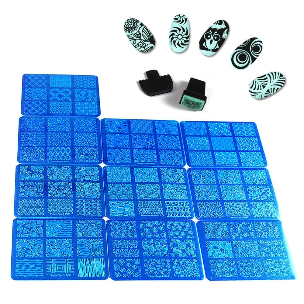 FingerAngel 10 Nail Stamping Plates + 1 Stamper + 1 Scraper Lace Flower Pattern Nail Art Stamp Stamping Template Image Plate Kit(B11-20)