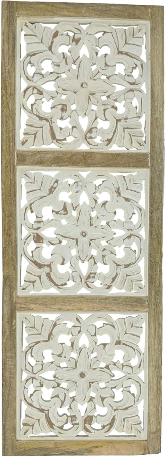 Mandala Wall Art – Carved Wooden Wall Decor Plaques – Wood Mandala Design Inspired by Moroccan Artist – Unique Boho Wall Art – Crafted from Sustainable Mango Wood (3 Panel)