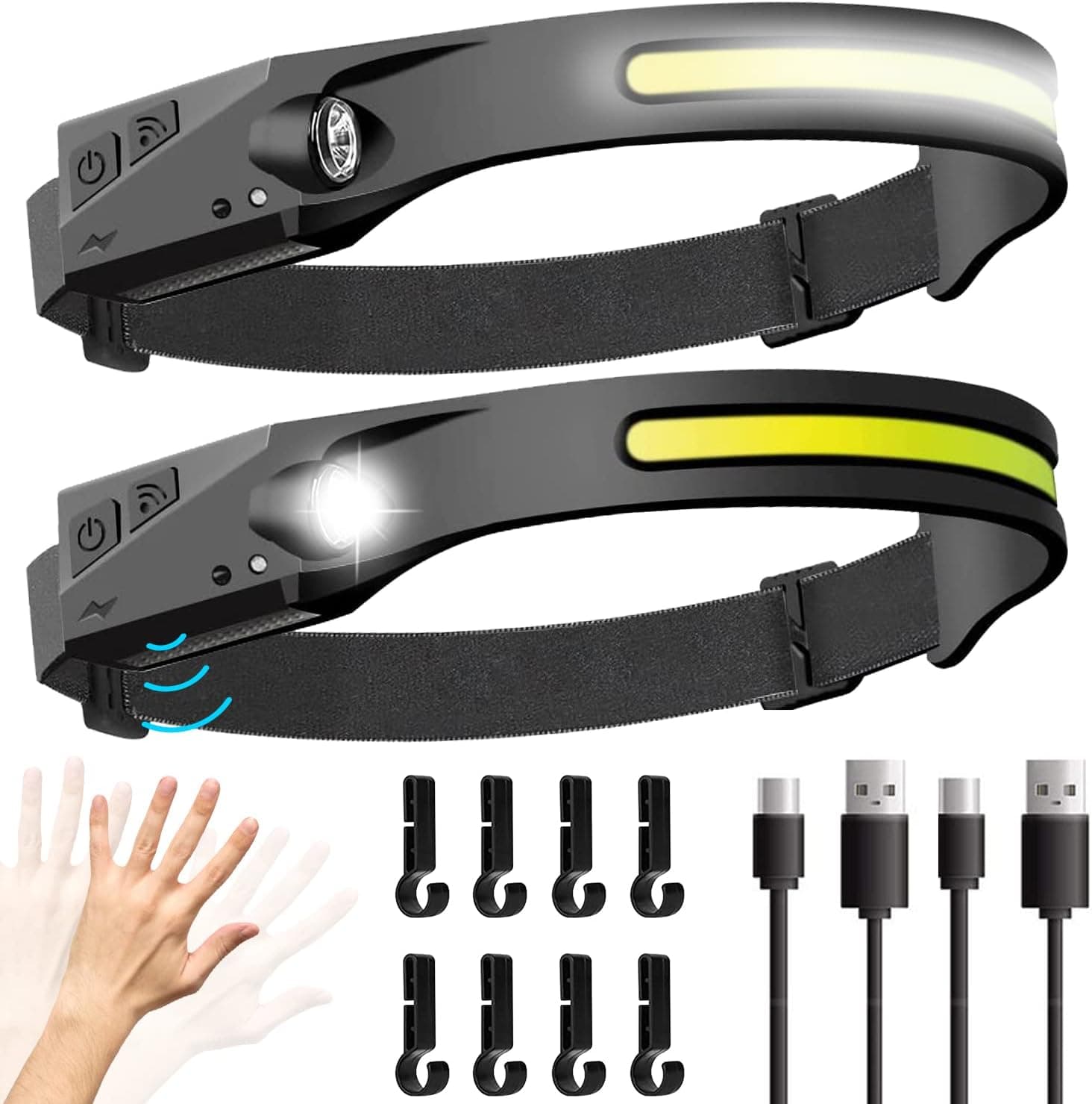 2 PCS LED Headlamp Rechargeable with Clips,2 Light Source 5 Modes,with Motion Sensor 230° Illumination Wide Beam Headlight,Bright Head Lamp Flashlight , Adults Outdoor Waterproof Camping Accessories