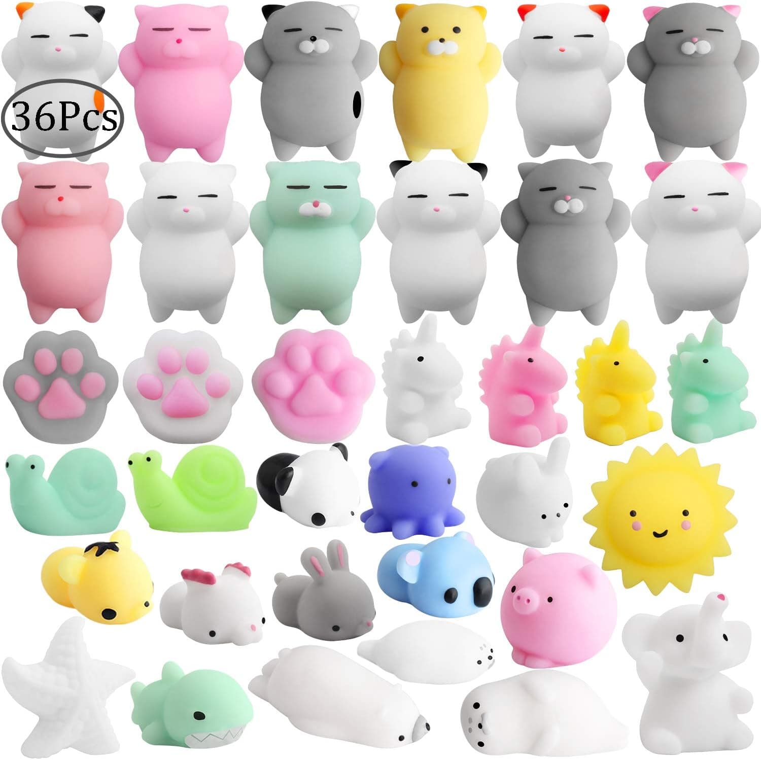 Outee Mochi Squeeze Cat Toys, 36 Pcs Mini Mochi Squishies Mochi Animal Cat Squishies Mini Squishies Stress Relief Animals Squihsy Squeeze Stress Cat Toys Mochi Squeeze Squishies Random