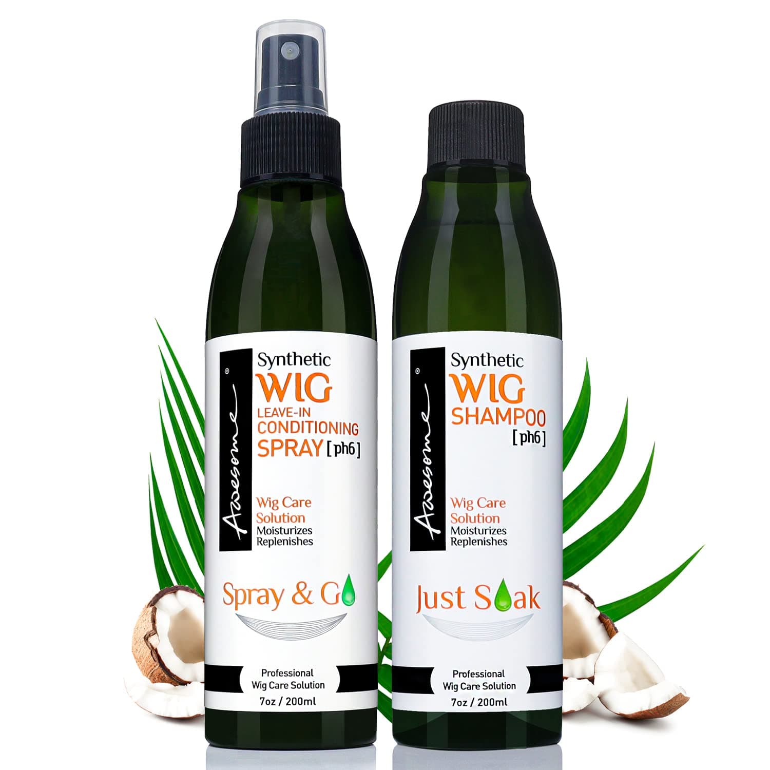 Awesome Synthetic Wig Shampoo and Leave in Conditioner Spray: pH6, Premium Set of 2, Moisturizes, Replenishes, Revitalizes for Synthetic Wigs. Contains Coconut Oil (7 fl oz)