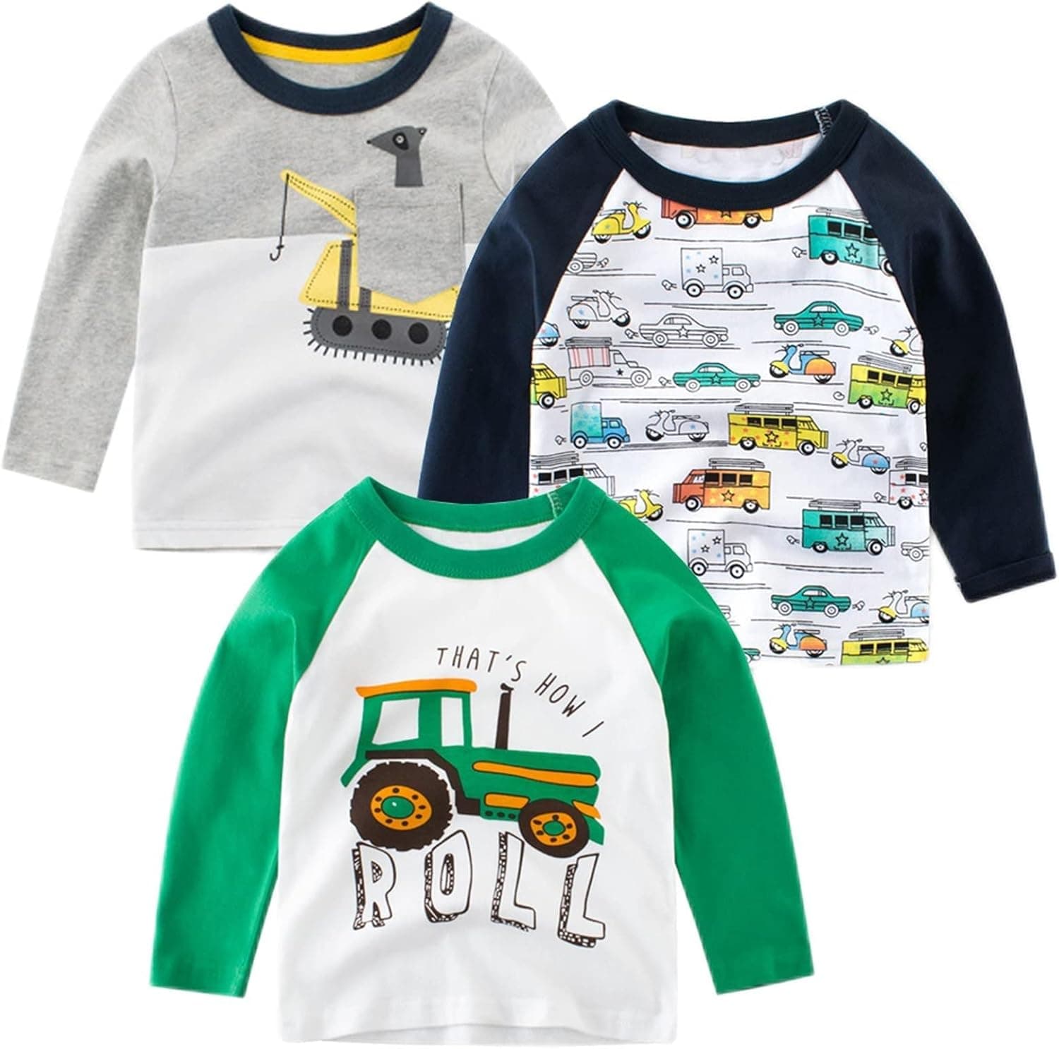 SUPFANS Toddler Boys 3-Pack Long Sleeve Excavator T-Shirt 100% Cotton Basic Tops Car Shirt