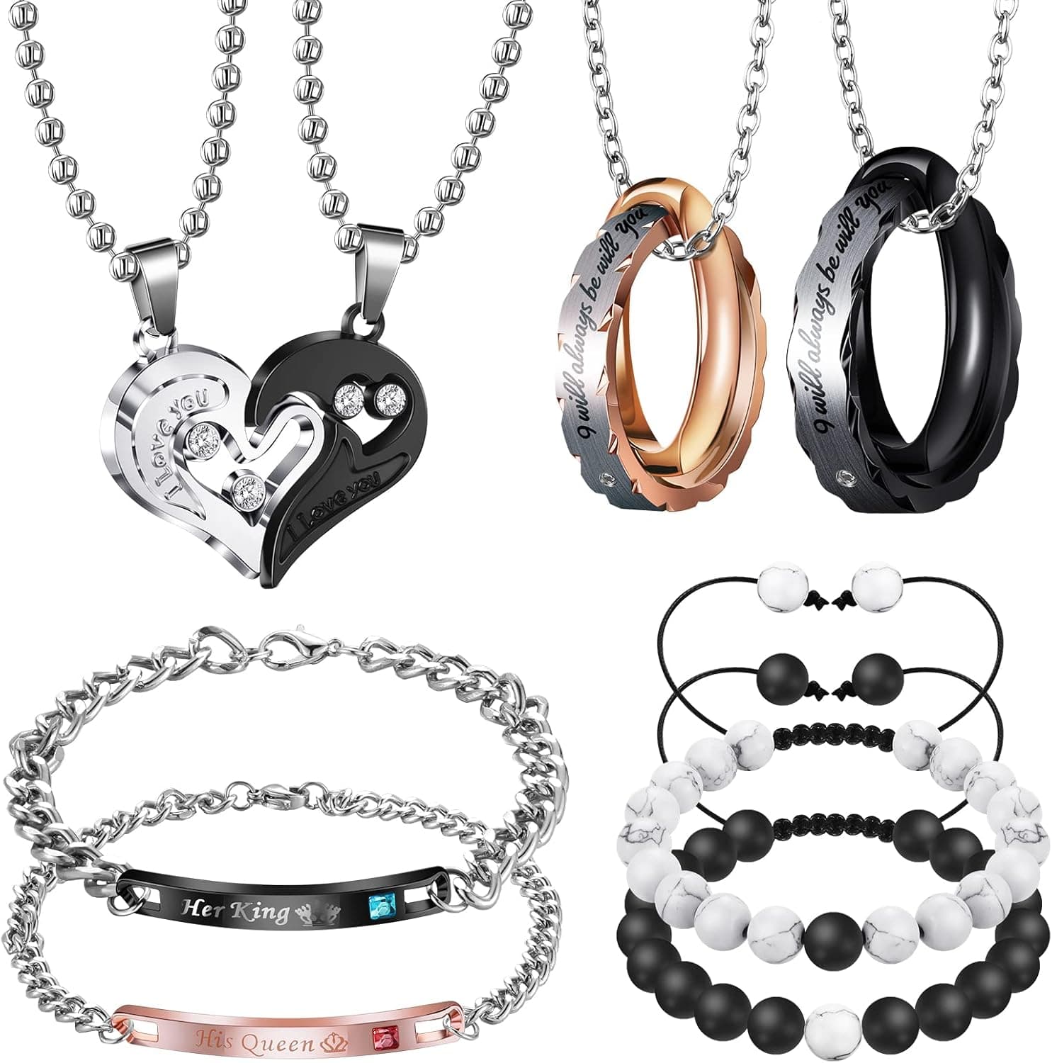 8 Pieces Couples Necklace Bracelet Matching Bracelets Set for Women Men, Her King His Queen I Love You Heart Crown Necklaces Boyfriend Girlfriend for Valentines Jewelry Gift
