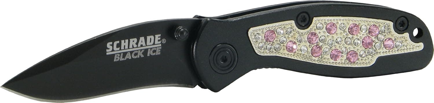 Schrade SCBLINGSP Black Ice Folding Knife Small with Pink and White Ice Insert