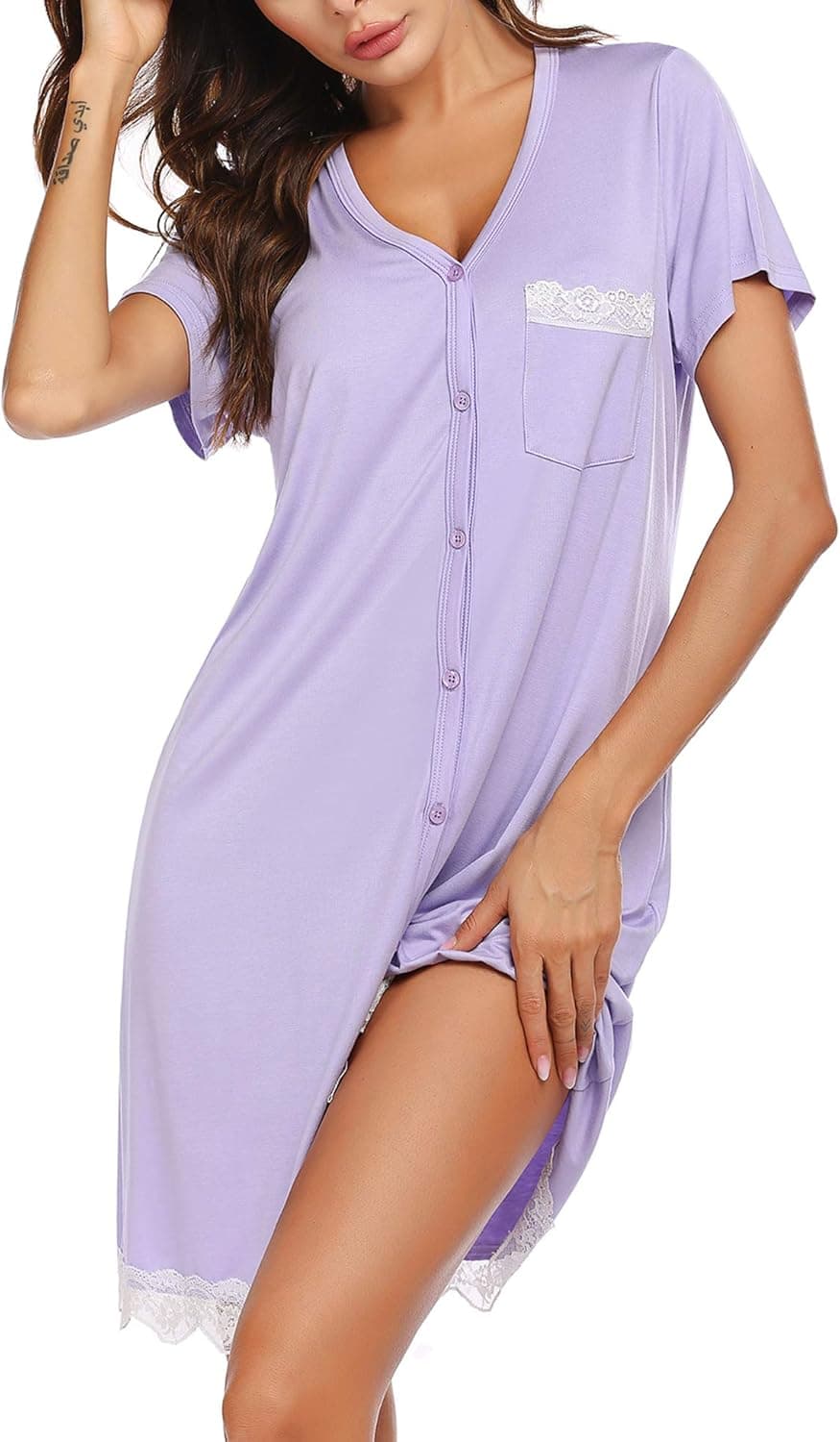 Ekouaer Sleepwear Women's Nightgown Soft Sleep Shirt Lace Deocr Short Sleeve V Neck Sleep Tee Nightshirt Light Purple