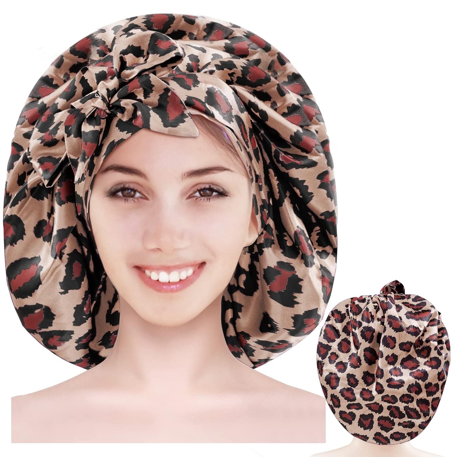 Satin Bonnet,Satin Hair Bonnet,Hair Caps For Sleeping,Satin Bonnet For Curly Hair Sleeping,Bonnet For Curly Hair,Brown,Large