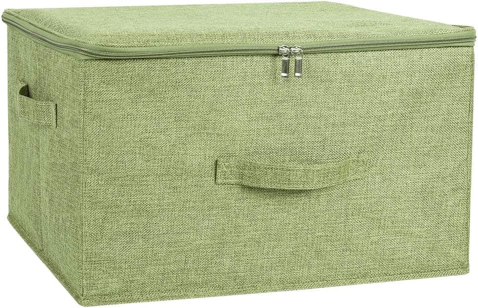 ANMINY Storage Bins with Zipper Lid Storage Boxes with Handles PP Plastic Board Foldable Lidded Cotton Linen Fabric Home Cubes Baskets Closet Clothes Toys Organizer Containers - Green, Large Size