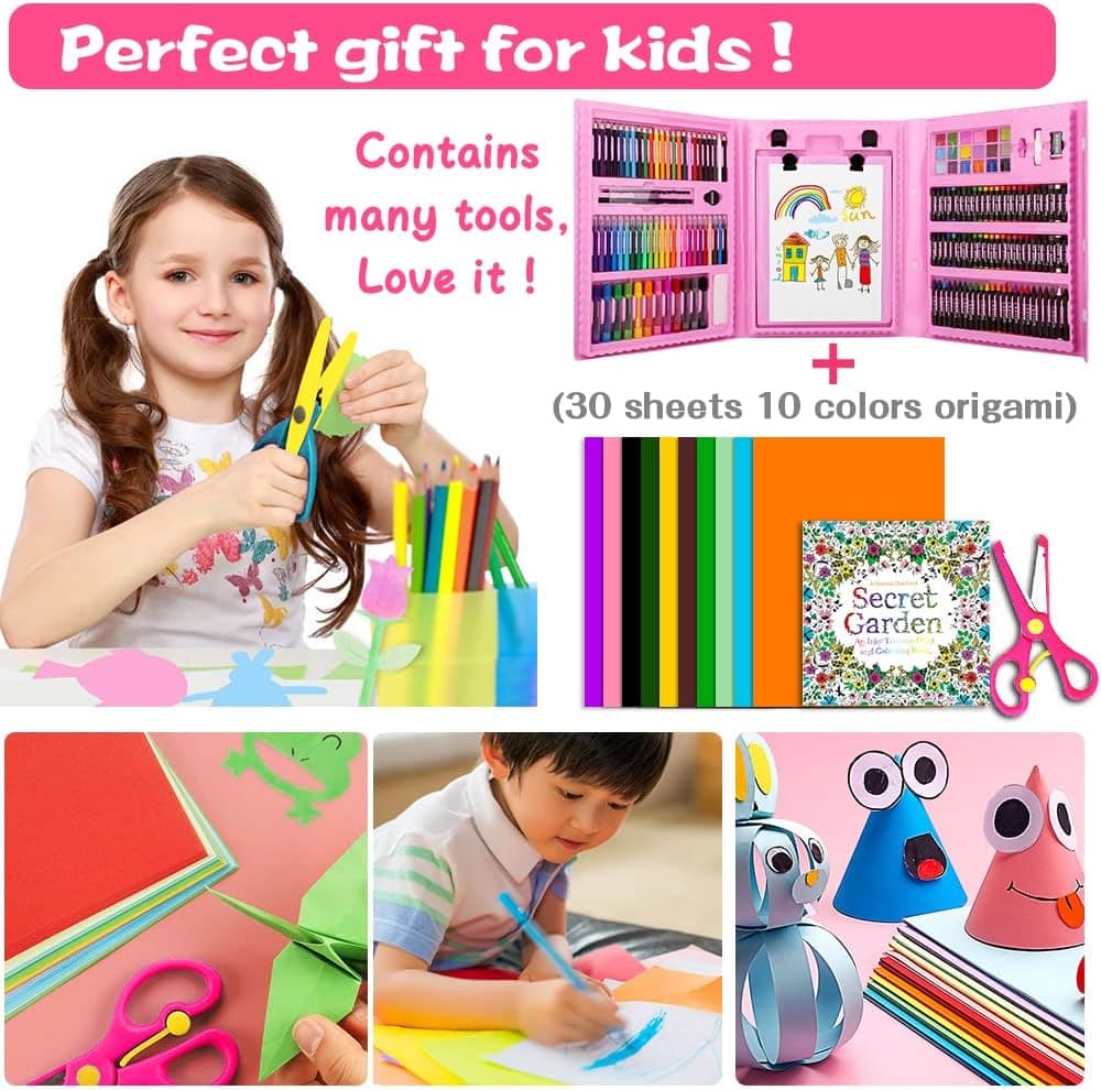 Art Supplies for Kids, Art Set, Art Kit, Drawing Kits, Art and Crafts with Origami Paper, Scissors, Coloring Book, Crayons, Markers, Kindergarten Homeschool Supplies Christmas Birthday Gift (Pink)