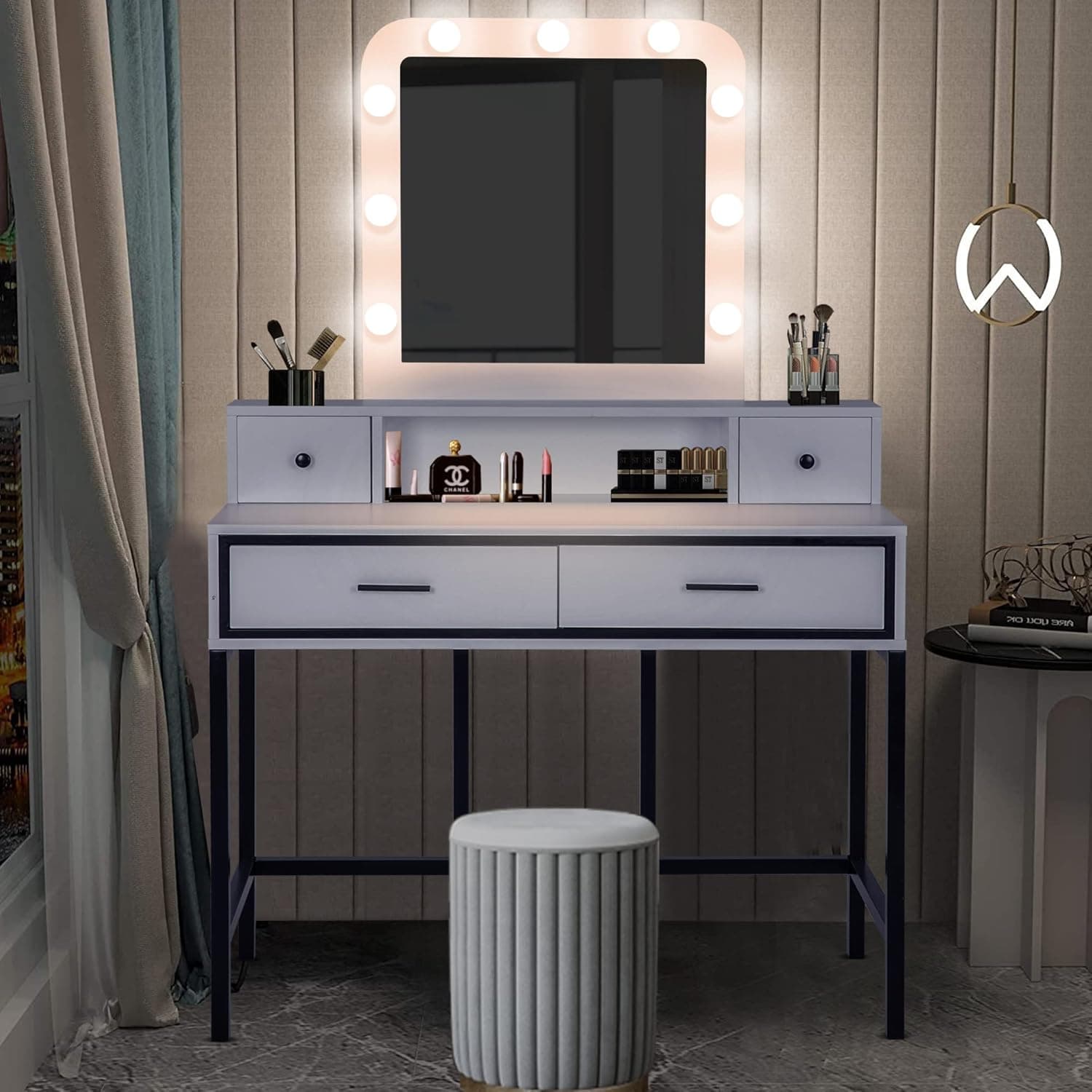 Sunvivi Vanity Desk with Lighted Mirror- 40" Large White Makeup Vanity Table with 4 Drawers, 3 Color Lighting Modes & 10 Brightness, Make-up Desk with Metal Frame for Bedroom