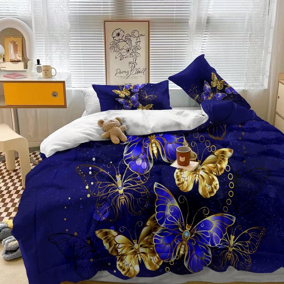 MILANKET Butterfly Comforter Set Queen Size, 3 Pieces Gold Purple Butterfly Bedding Sets for Women, Soft Farmhouse Aesthetics Butterfly Bed Set with 2 Pillowcases