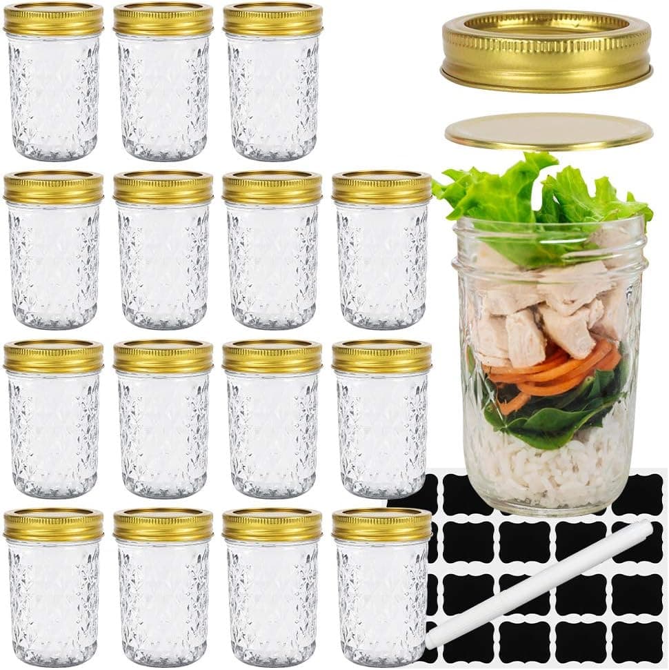 8 oz Glass Mason Jars with Regular Gold lids, Glass Diamond Canning Jars for Jam & Jelly, Honey,Decor. Set of 15 Pack. Include 1 Pen and 20 Chalk Labels.