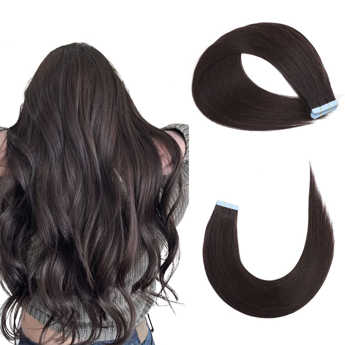 ANRY 18 Inch Remy Tape in Hair Extensions Human Hair 20pcs Dark Brown Human Hair Extensions Tape in Extensions Tape Hair Extensions Real Human Hair Amazing Beauty Tape in Tair Extensions 2#