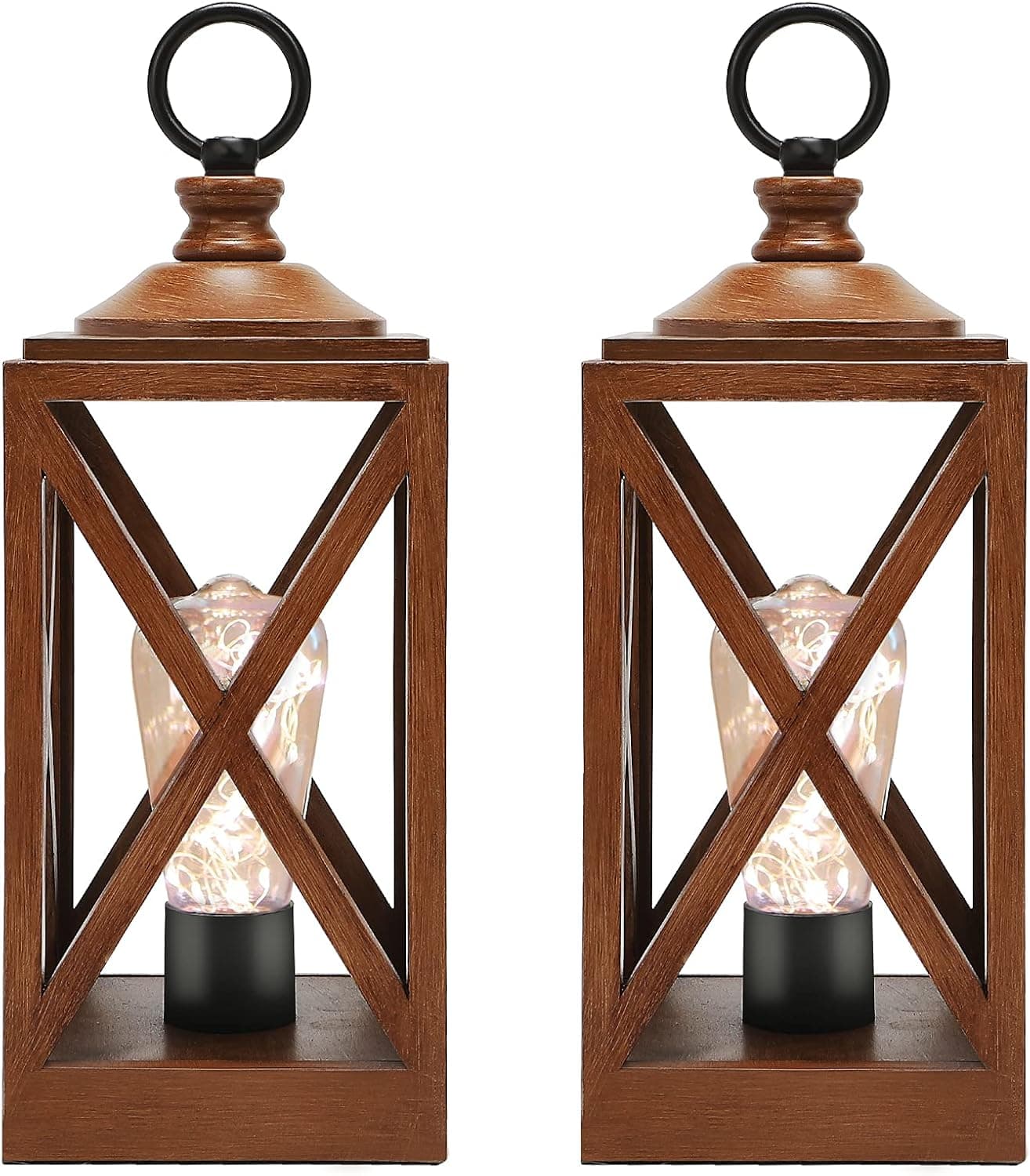 14" Vintage Battery Powered Table Lamp Decorative Rustic Outdoor Pendant Light Exterior Hanging Lantern,E26 Edison Retro Cordless Lamp with Wooden Cage,Bulbs for Porch Patio Home Lighting Decor 2PACK