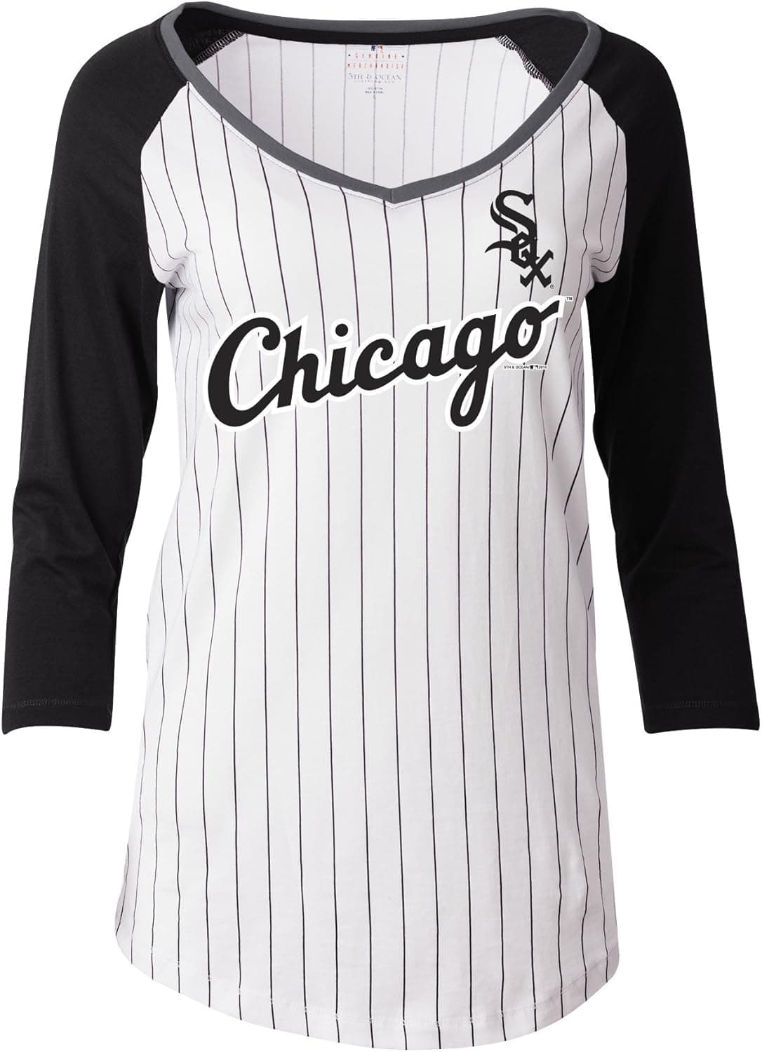 5th & Ocean Chicago White Sox Women's Pintstriped 3/4 Sleeve Jersey Style T-Shirt