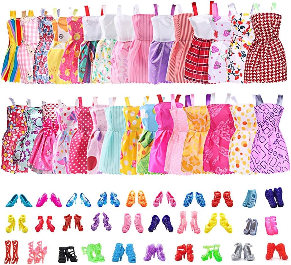 30 Pack Clothes Party Gown Outfits for Dolls with 30 Pairs Dolls Accessories Shoes for Birthday Christmas Wedding Valentine's Day Supplies