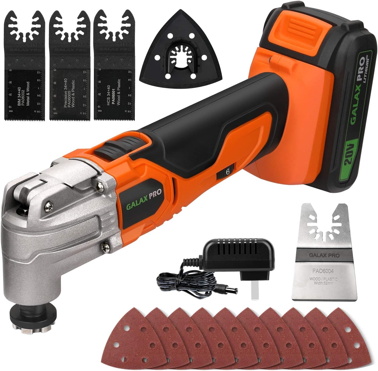 GALAX PRO Oscillating Tool, 20V Lithium Ion Cordless Oscillating Multi Tool with 1.3Ah Battery and Charger, 3pcs Blade and 10pcs Sanding Papers for Sanding, Grinding(Orange)