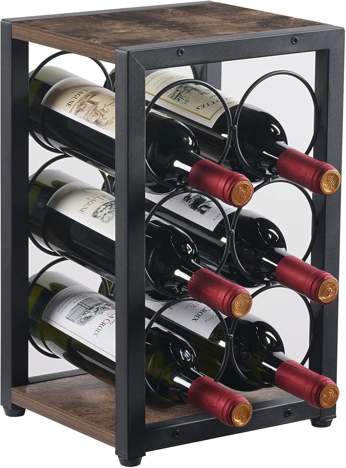 Giikin Industrial Countertop Wine Rack 6 Bottles, 3 Tier Free Standing Tabletop Wine Bottle Holder Stand, Wood & Iron Organizer Storage Shelf for Home Decor, Bar, Cellar, Pantry, Cabinet (Retro Color)