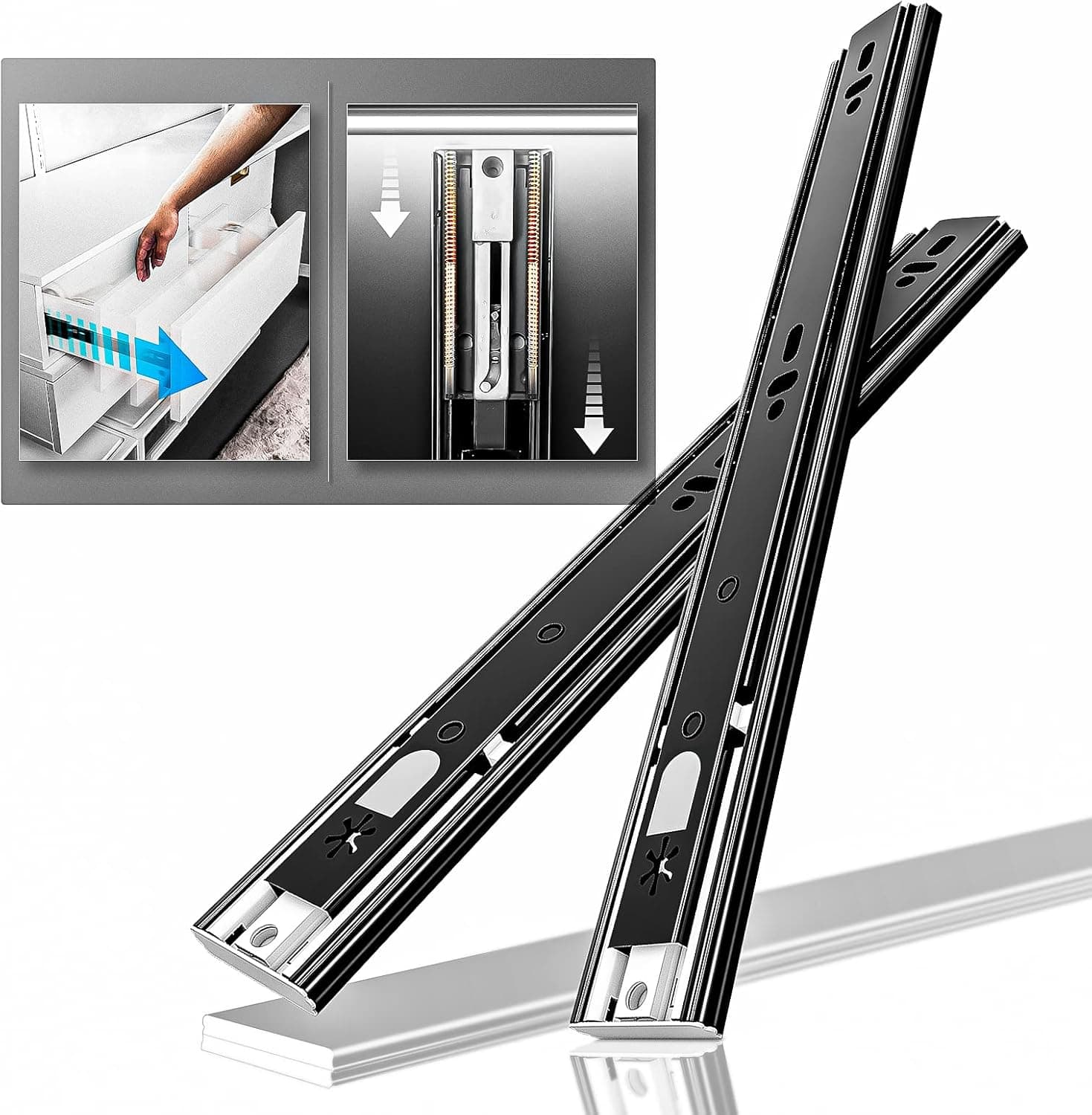 AOLISHENG 1 Pair Push to Open Drawer Slides 12 14 16 18 20 22 24 Inch 100 lb Load Capacity Side Mount Handleless Ball Bearing Full Extension Touch Open Rails Cabinet Metal Runner Dresser Glide Black