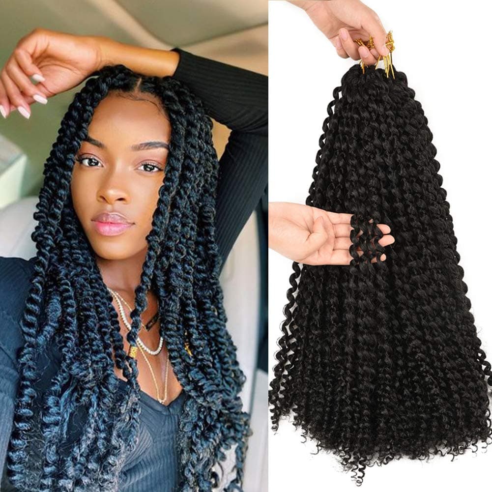 14inch Passion Twist Hair Water Wave Curly Braids For Woman Black Color Crochet Hair Synthetic Braiding Hair Extensions 6 Packs Sale (14inch, 1B)