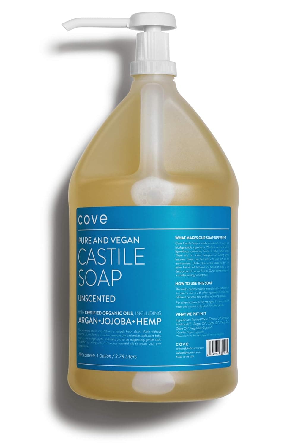 Cove Castile Soap Unscented - 1 Gallon With Pump - Organic Argan, Jojoba, & Hemp Oils