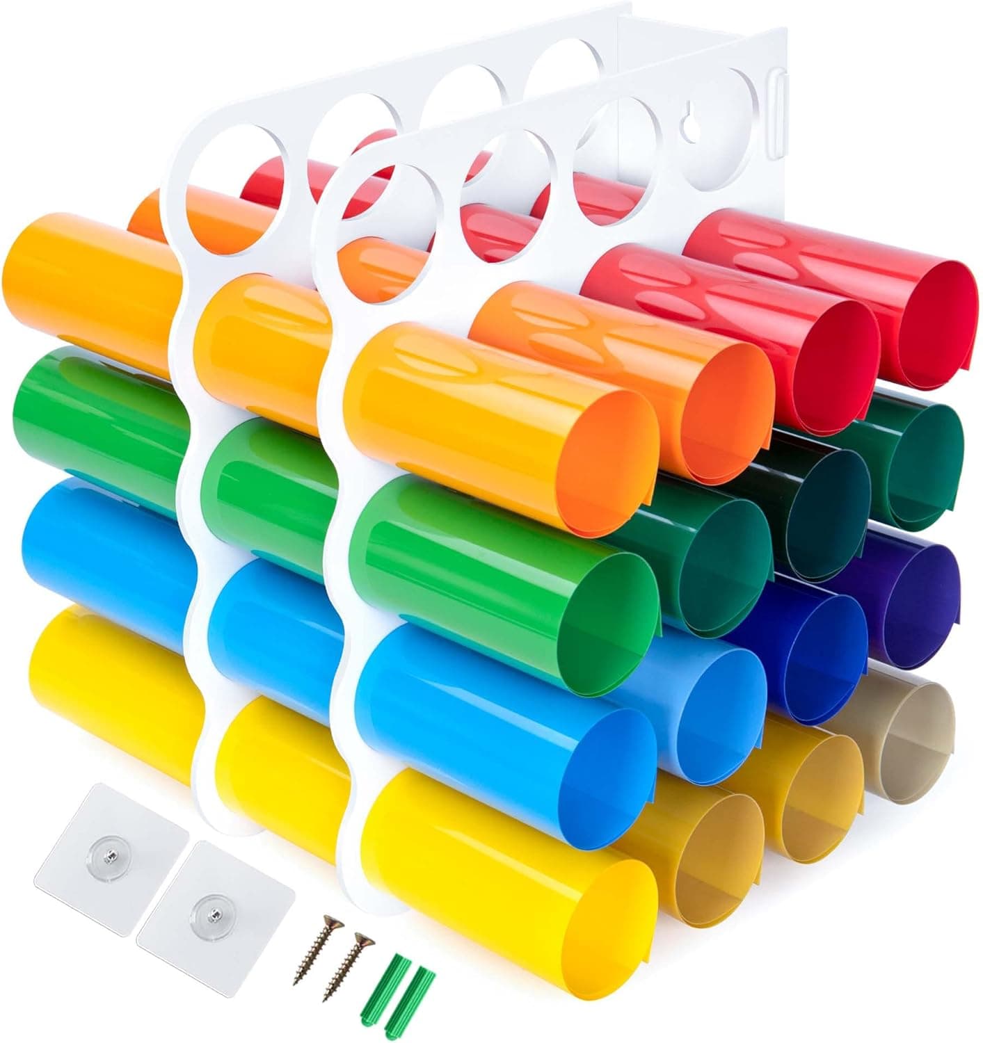 JARLINK 20-Holes Acrylic Vinyl Storage Rack, Wall Mounted Vinyl Holder with Adhesive, No Drilling, 11.8" x 9.8" Vinyl Roll Holder for Craft Room, White