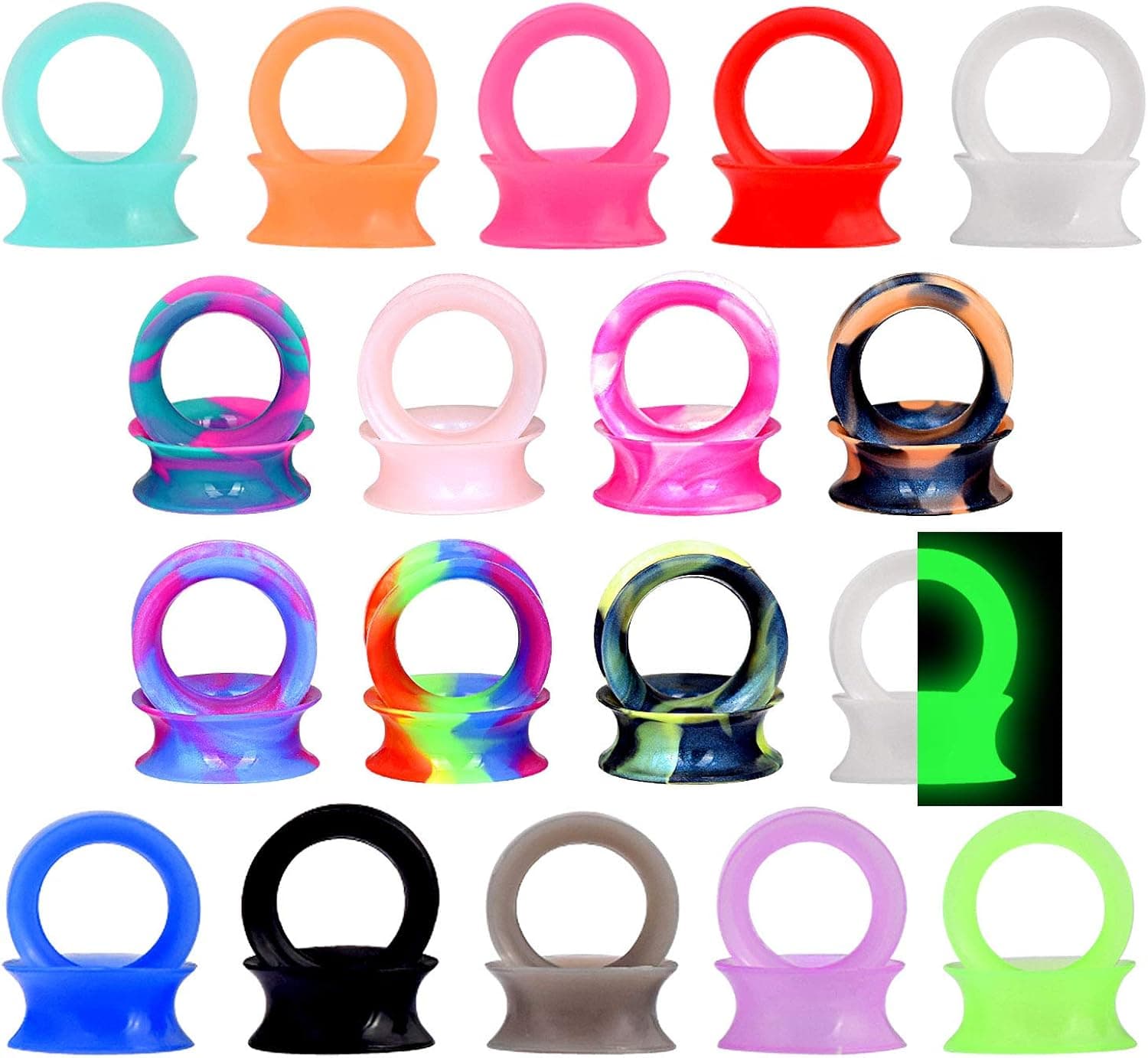 Qmcandy 18-60pcs Silicone Ear Tunnels Plugs Flexible Ear Earlets Mixed Colors Double Flared Tunnels Ear Piercing Jewelry
