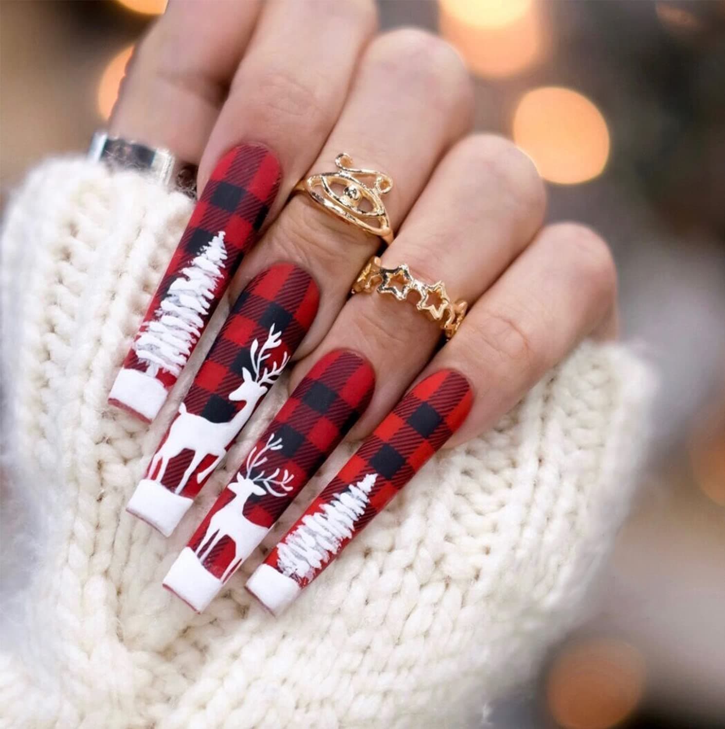 Christmas Press on Nails,24pcs Long Red Buffalo Plaid Press on Gel Nails, X-mas Matte Fake Nails, Artificial Glue on Nails Full Cover Coffin Shaped False Stick on Nails for Women Girls (Check)