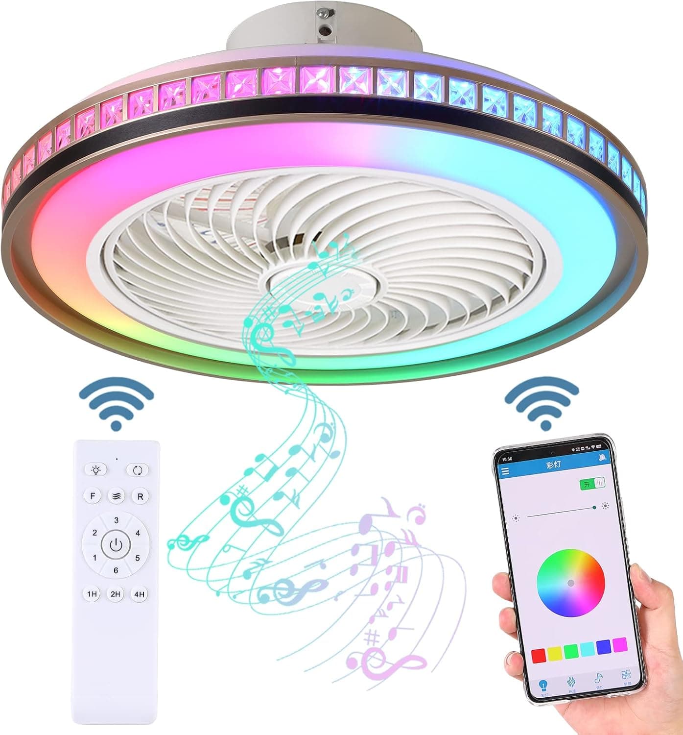 Zvaiuk 20 inch Bladeless Ceiling Fan with Bluetooth,Enclosed Ceiling Fan,Low Profile Ceiling Fan with Speakers, 6 Speed Reversible ,Color Stepless Dimming+Change Mode,for Bedroom (White)