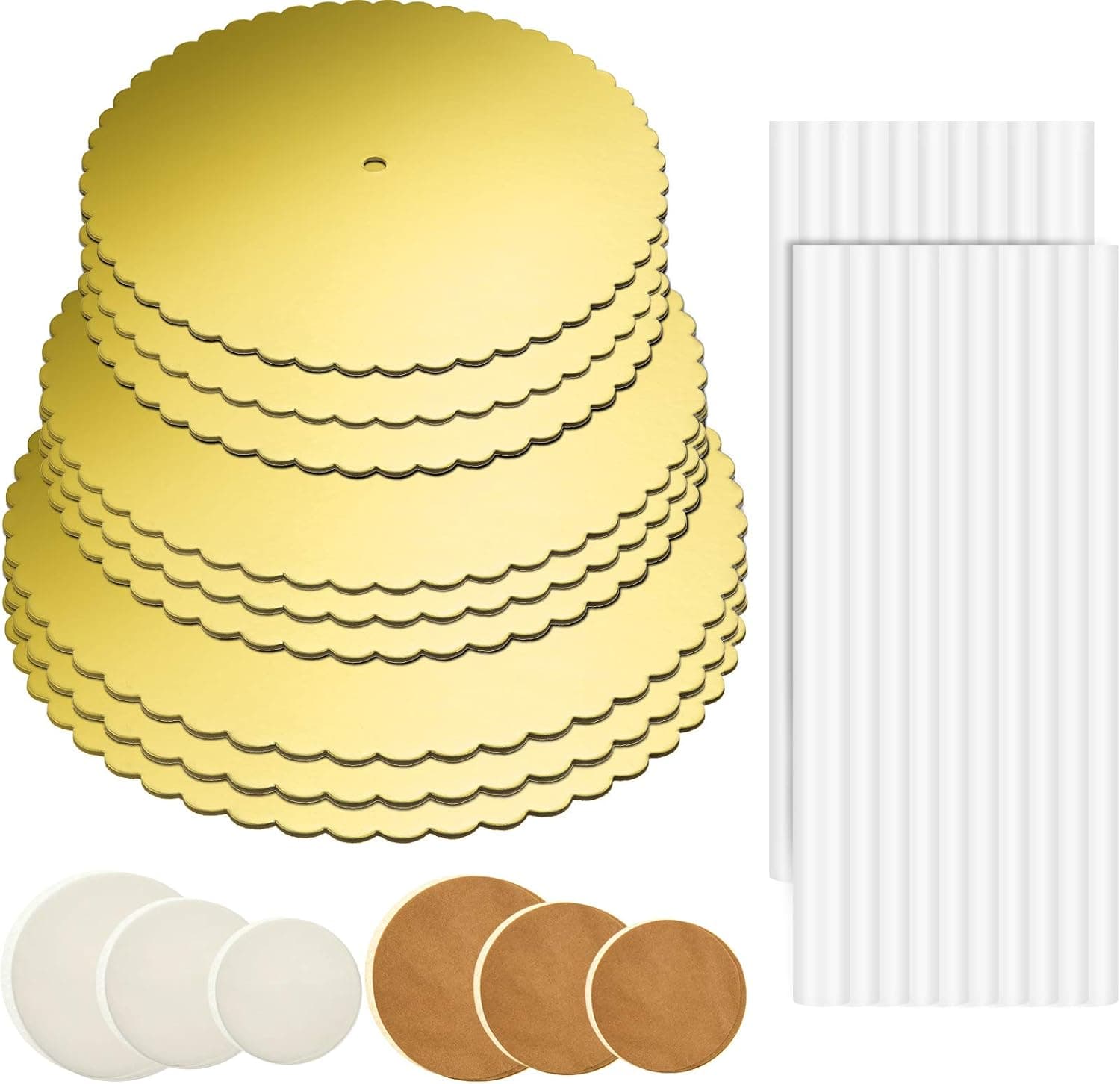 89 Pieces Cake Tier Stacking Kit Gold Cakeboard Round Circle Cakeboard Base 6 Inch, 8 Inch, 10 Inch with Parchment Paper Round and Plastic Cake Dowel Rods for Tiered Cakes for Wedding Birthday
