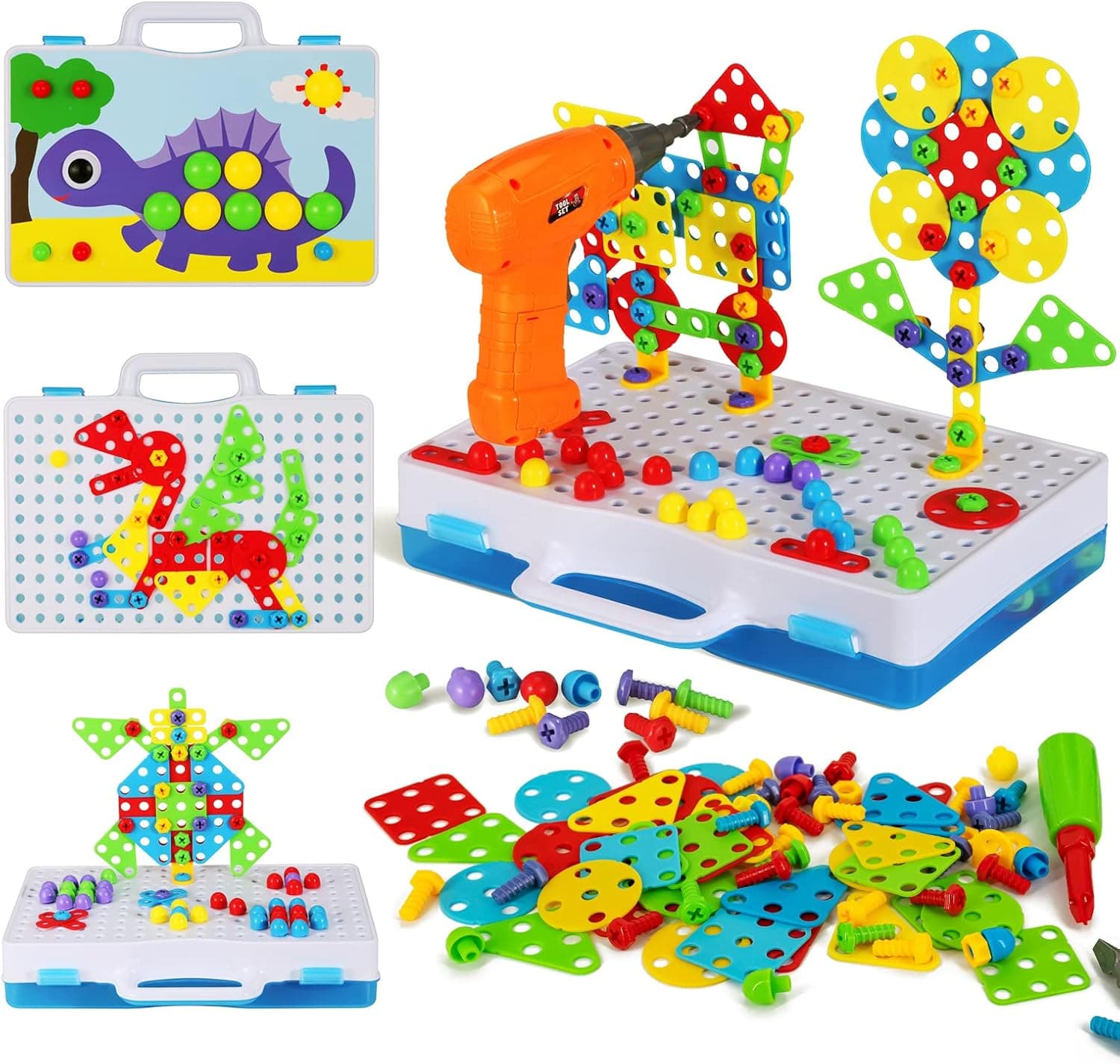 Creative Mosaic Drill Toys,Mosaic Puzzle Toy with Electric Drill,STEM Learning Toys,Construction Engineering Building Block Games with Toy Drill & Screw Driver Tool Set for 3-8 Year Old Boy Girl